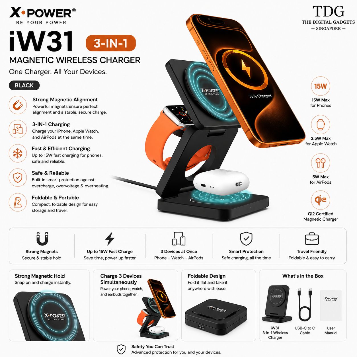 Xpower iW31 3in1 Magnetic Wireless Charger, Black
