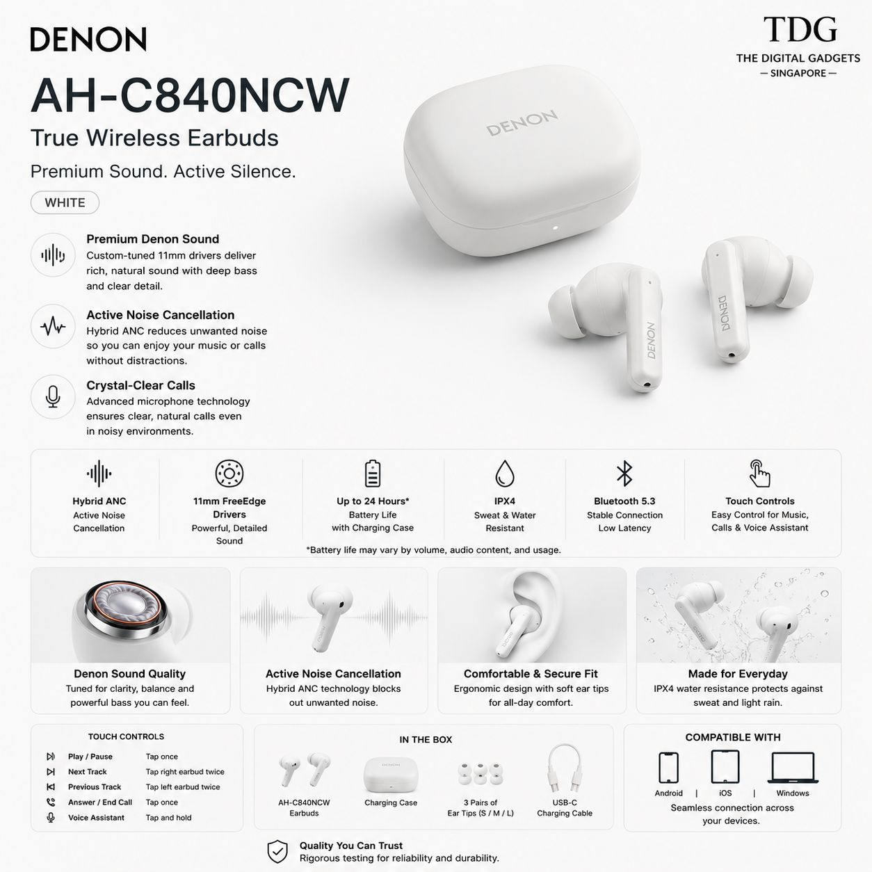 Denon AH-C840NCW TWS Earphone, White