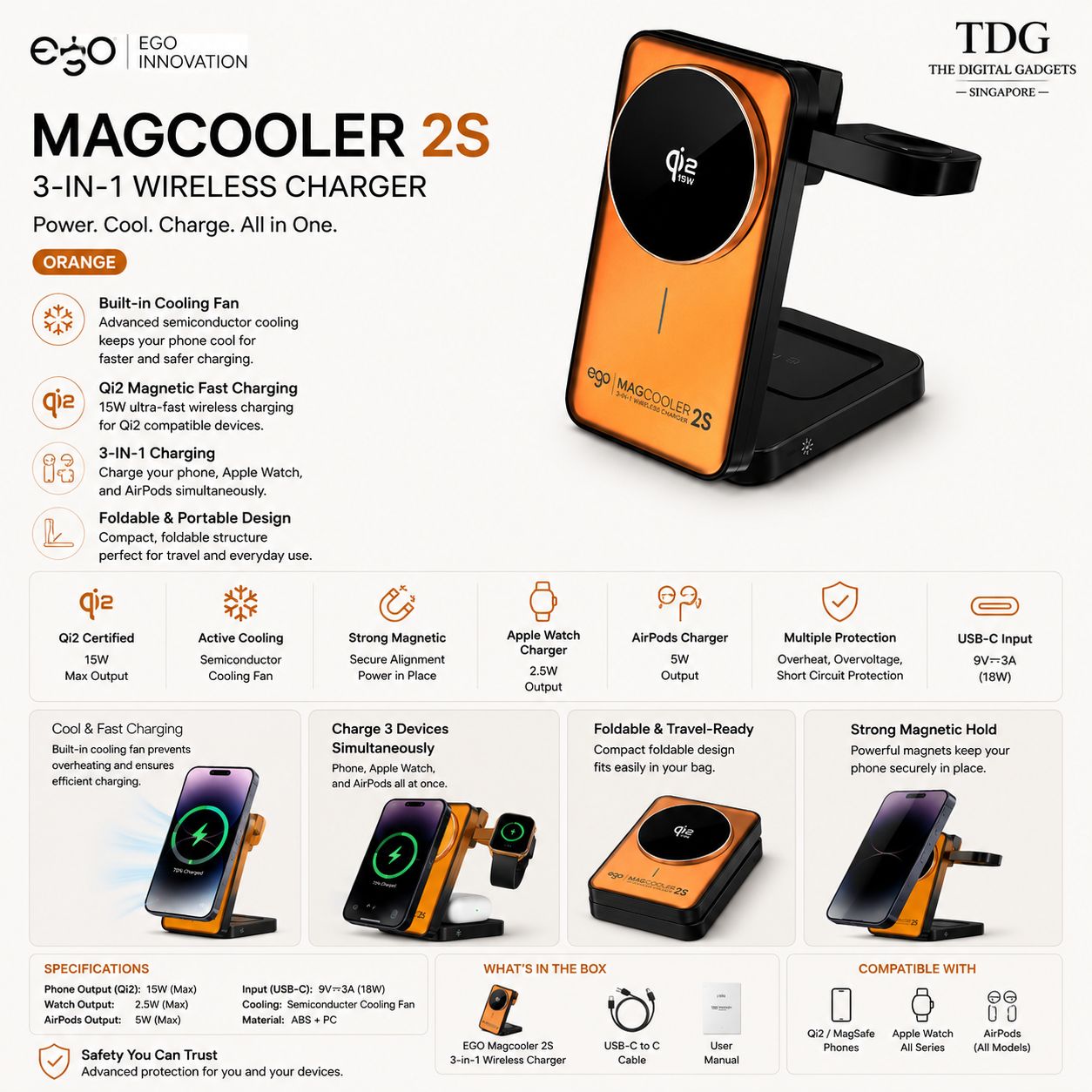 EGO Magcooler 2S 3in1 Wireless Charger, Orange