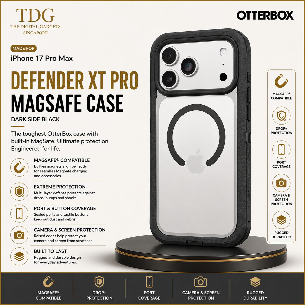 OtterBox iPhone 17 Pro Max Defender XT Pro MagSafe Case, Dark Side Black