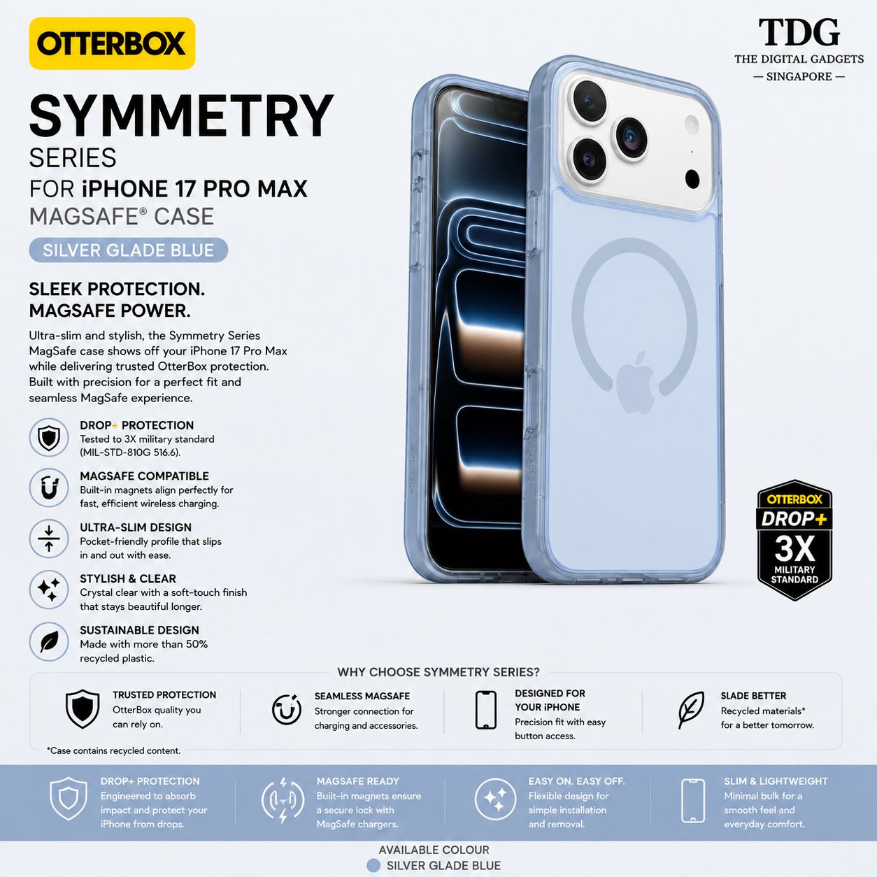 OtterBox iPhone 17 Pro Max Symmetry MagSafe Case, Silver Glade Blue