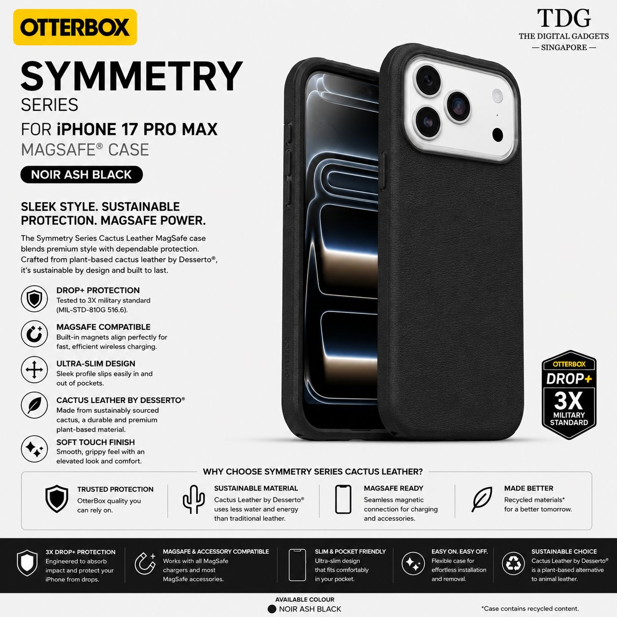 OtterBox iPhone 17 Pro Max Symmetry Cactus Leather MagSafe Case, Noir Ash Black