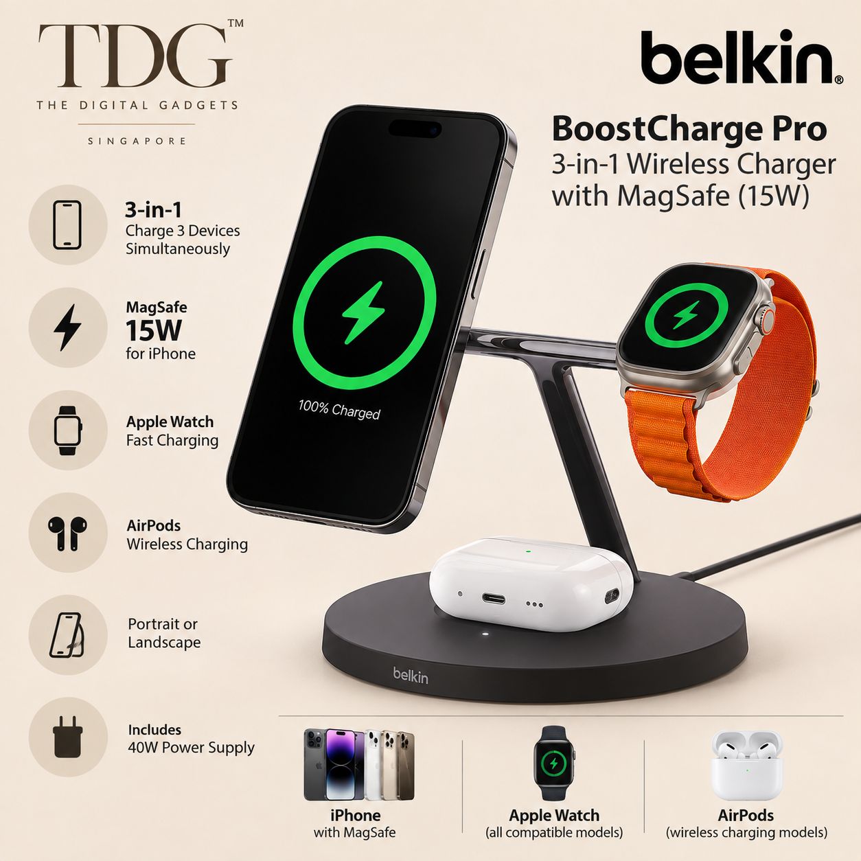 Belkin BoostCharge Pro 3-in-1 Wireless Charger with MagSafe 15W