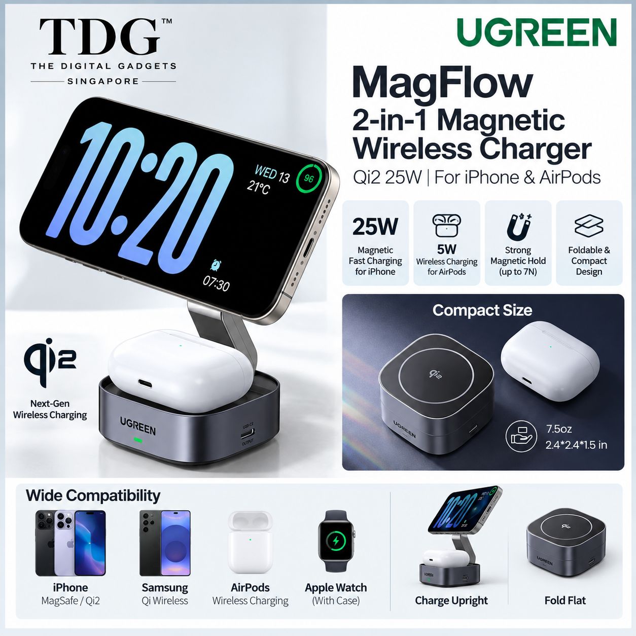 UGREEN MagFlow Qi2 25W 2-in-1 Magnetic Wireless Charger