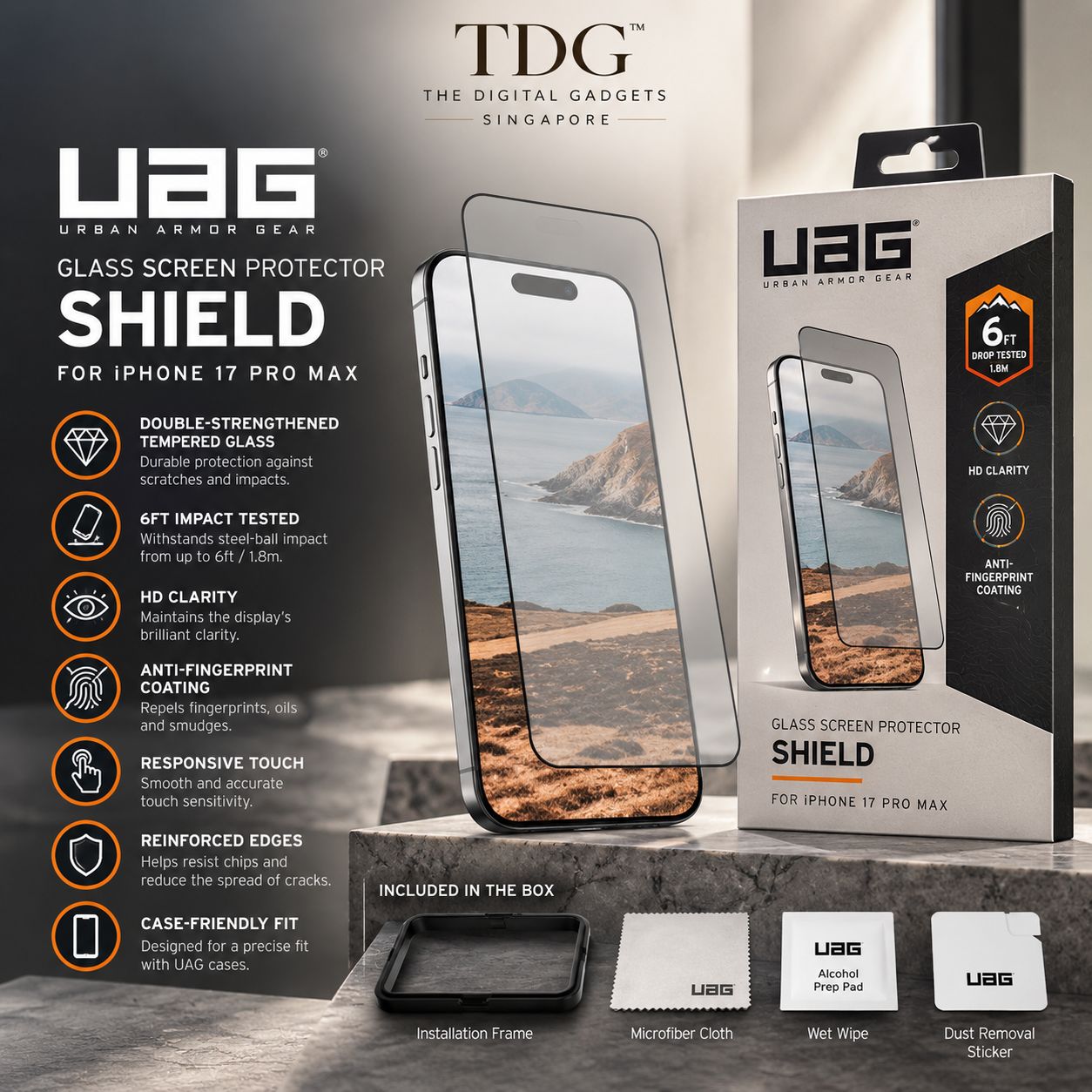 UAG iPhone 17 Pro Max Glass Screen Protector Shield – Clear/Black