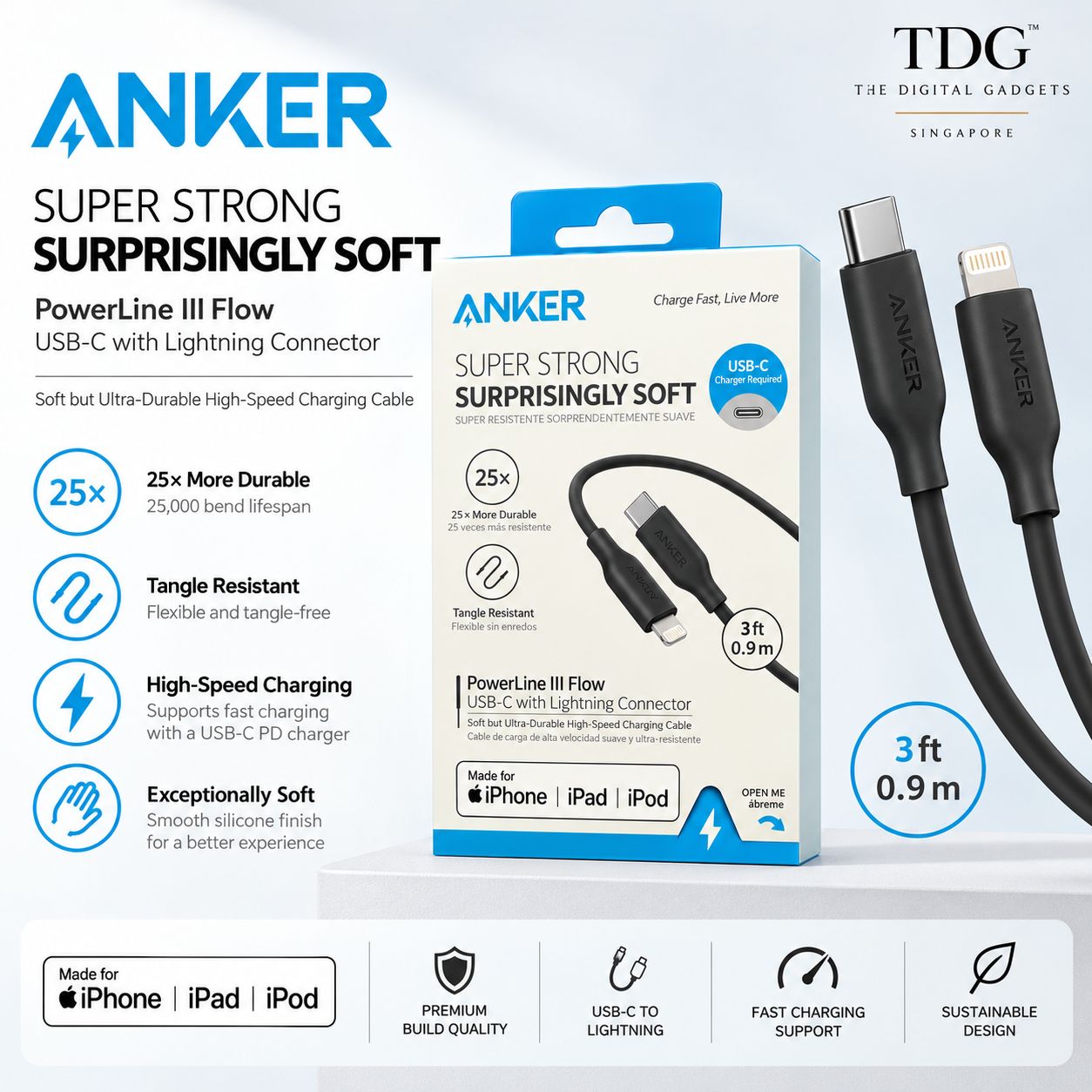 Anker PowerLine III Flow USB-C to Lightning Cable – 0.9m