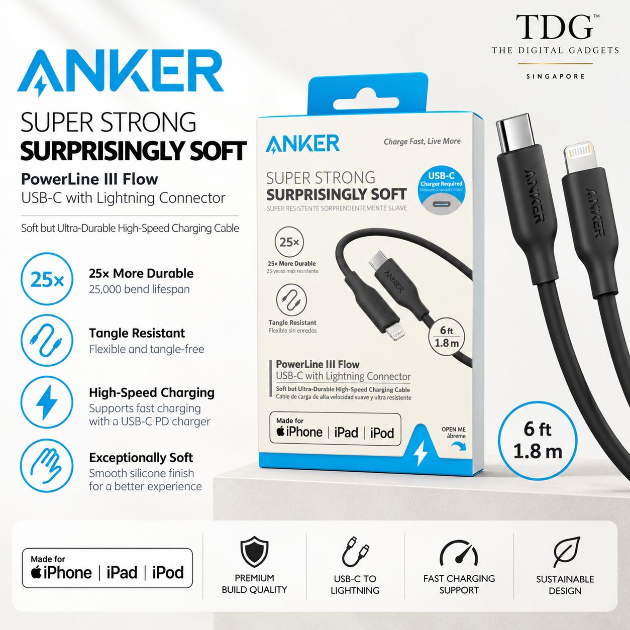 Anker PowerLine III Flow USB-C to Lightning Cable – 1.8m