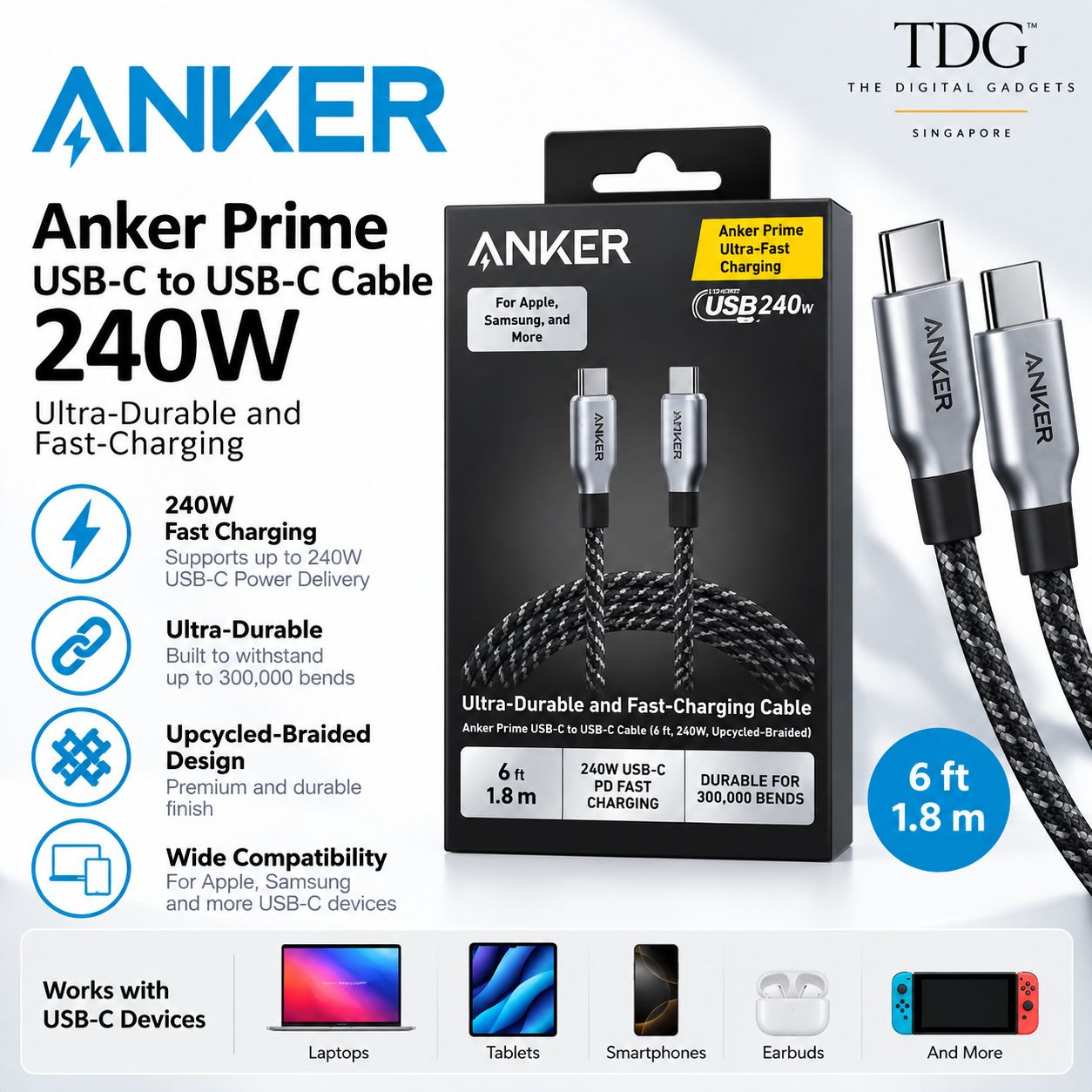 Anker Prime USB-C to USB-C Cable 240W – 1.8m / 6ft