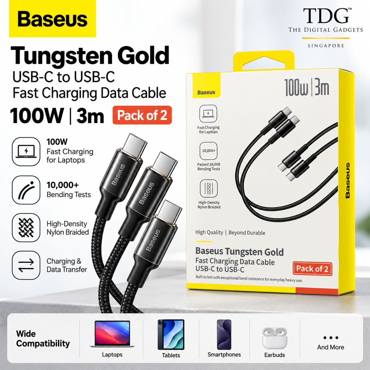 Baseus Tungsten Gold USB-C to USB-C Fast Charging Cable 100W – 3m (Pack of 2)