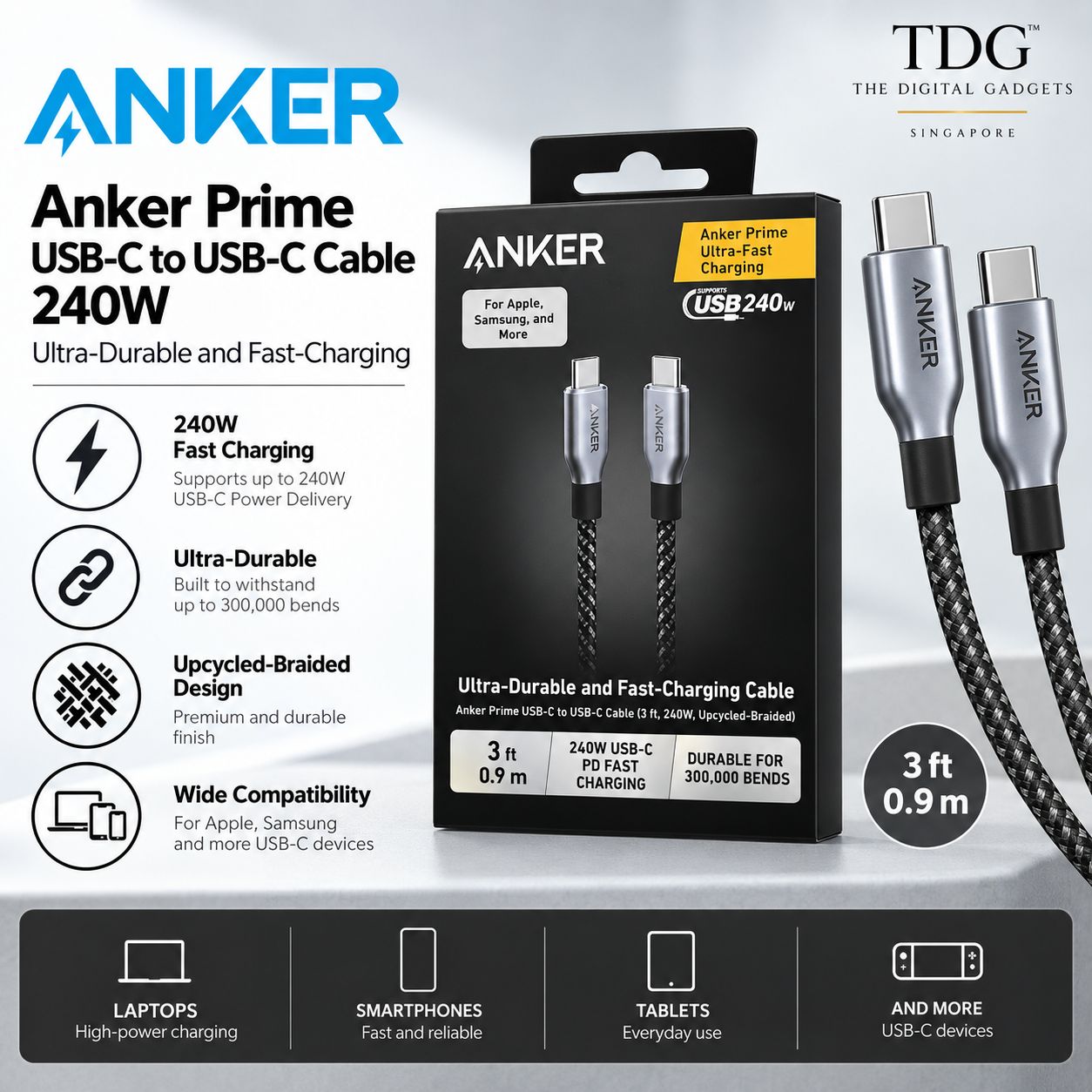Anker Prime USB-C to USB-C Cable 240W – 0.9m / 3ft