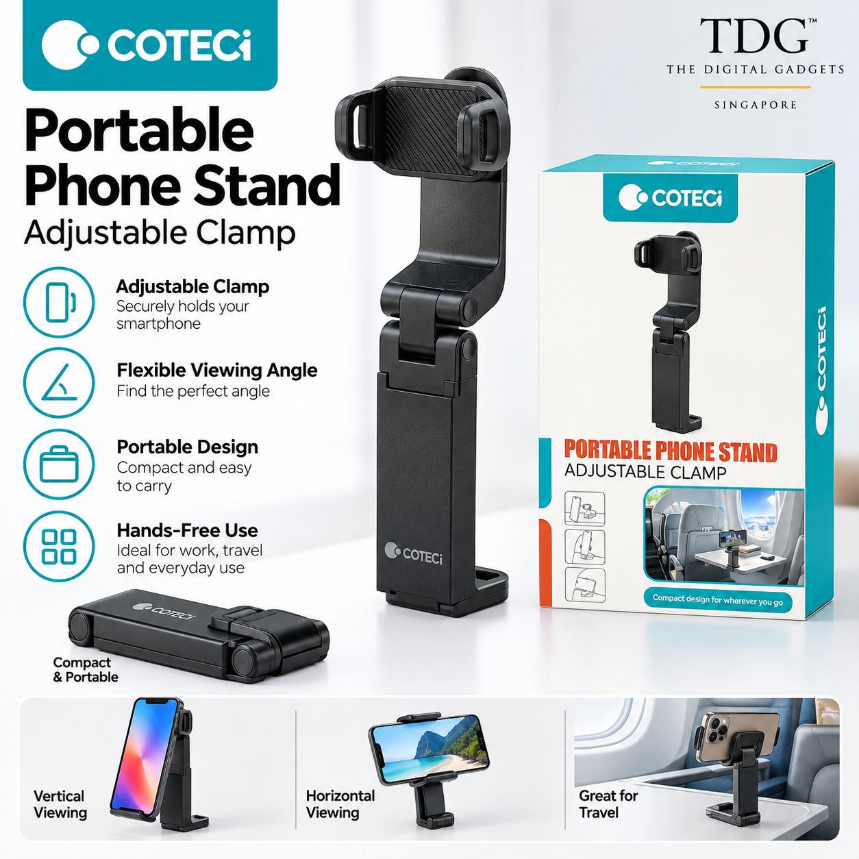 COTECi Portable Phone Stand with Adjustable Clamp