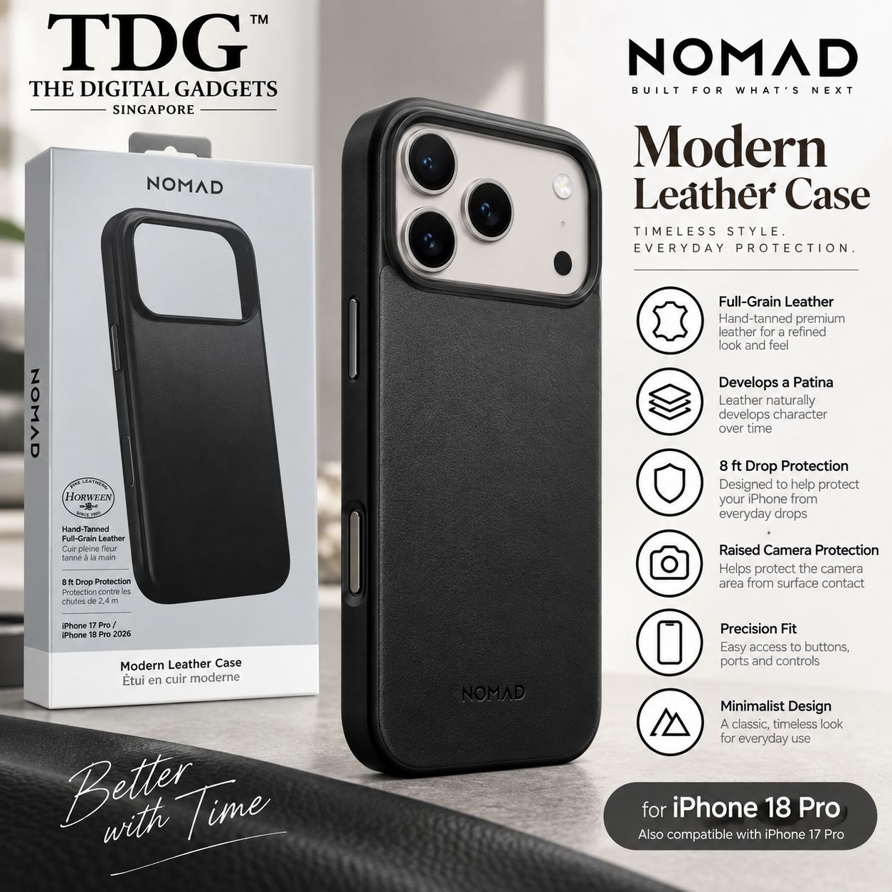 Nomad iPhone 18 Pro Horween Modern Leather Case, Black