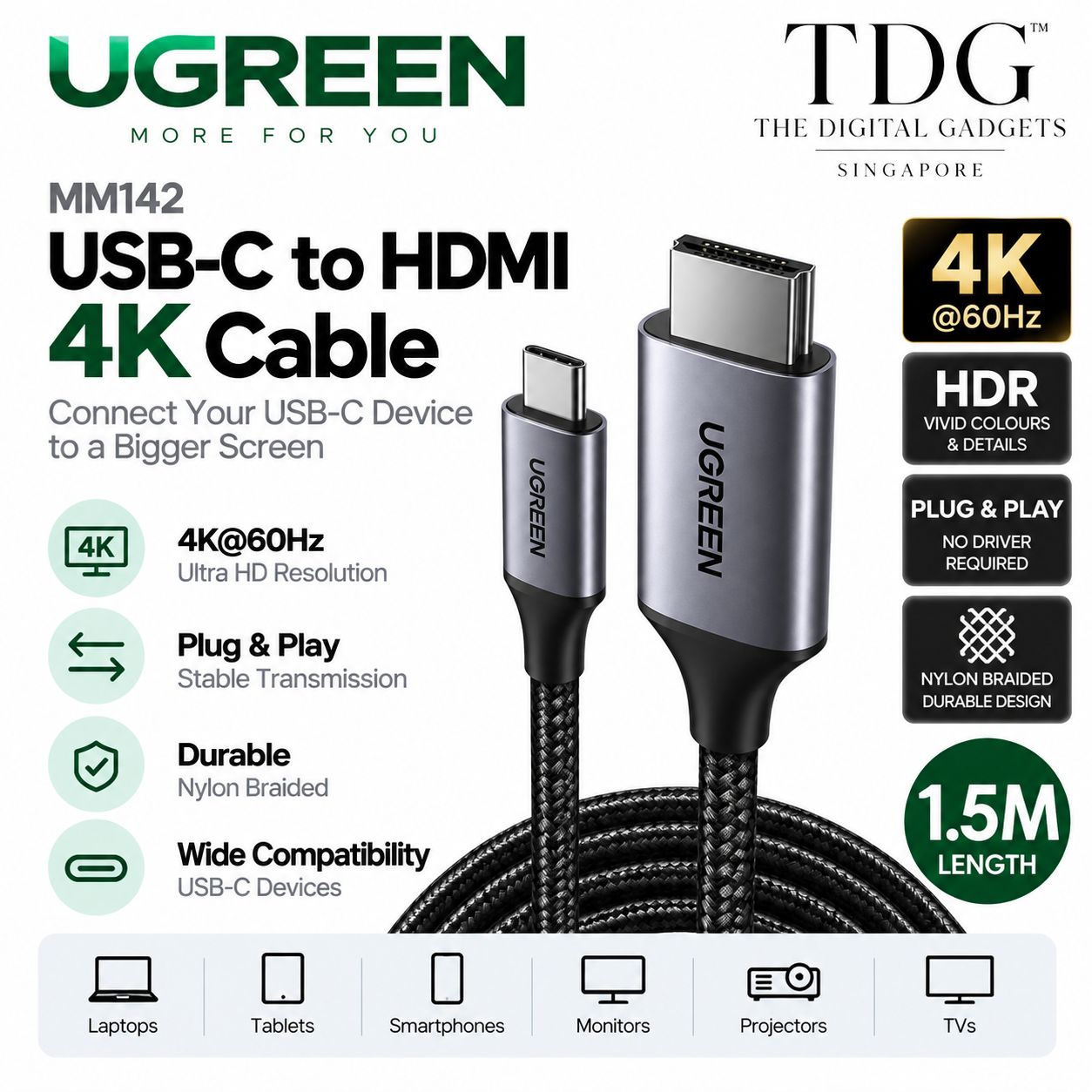 UGREEN MM142 USB-C to HDMI 4K Cable 1.5m - Gray Black
