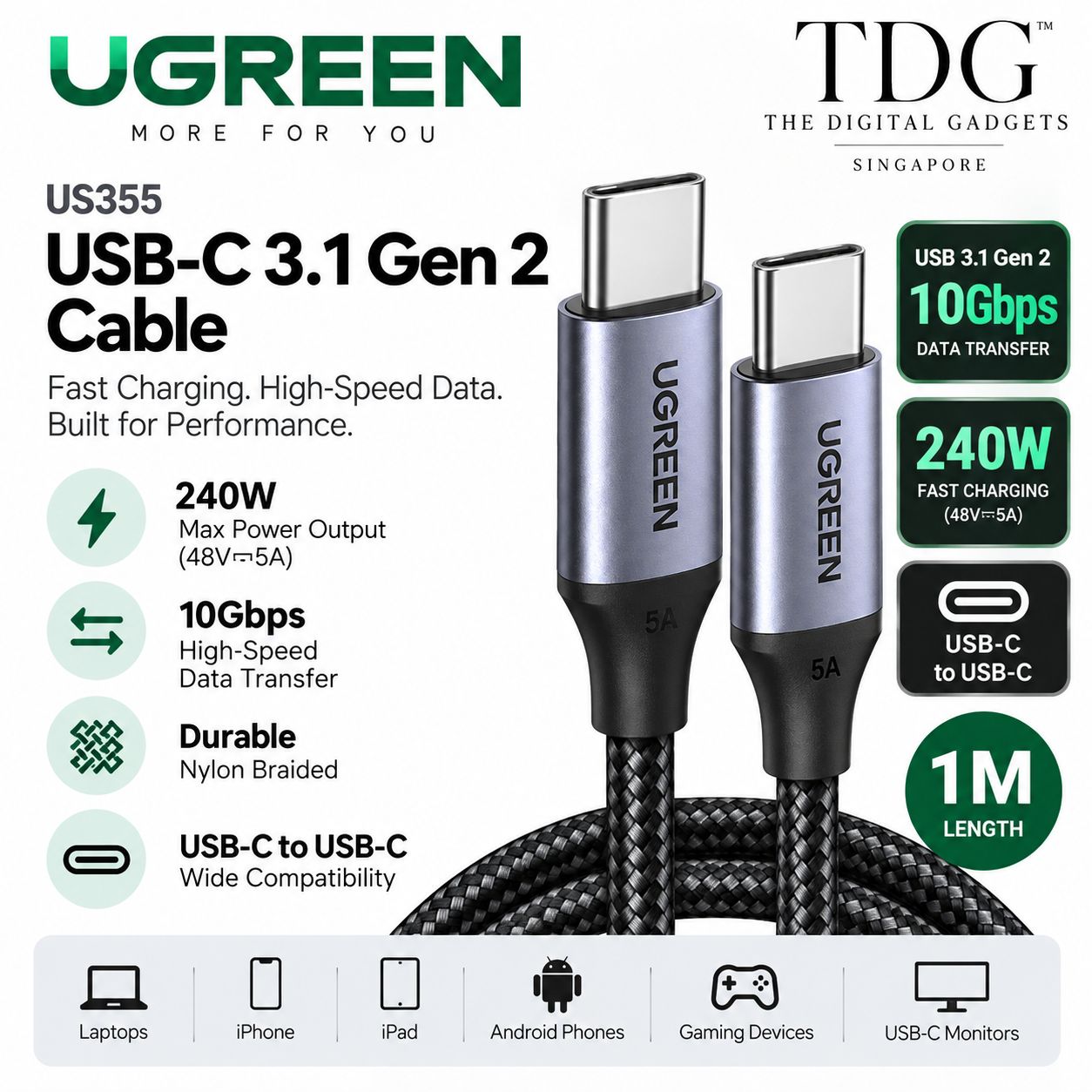 UGREEN US355 USB-C 3.1 Gen 2 240W Cable 1m - Black