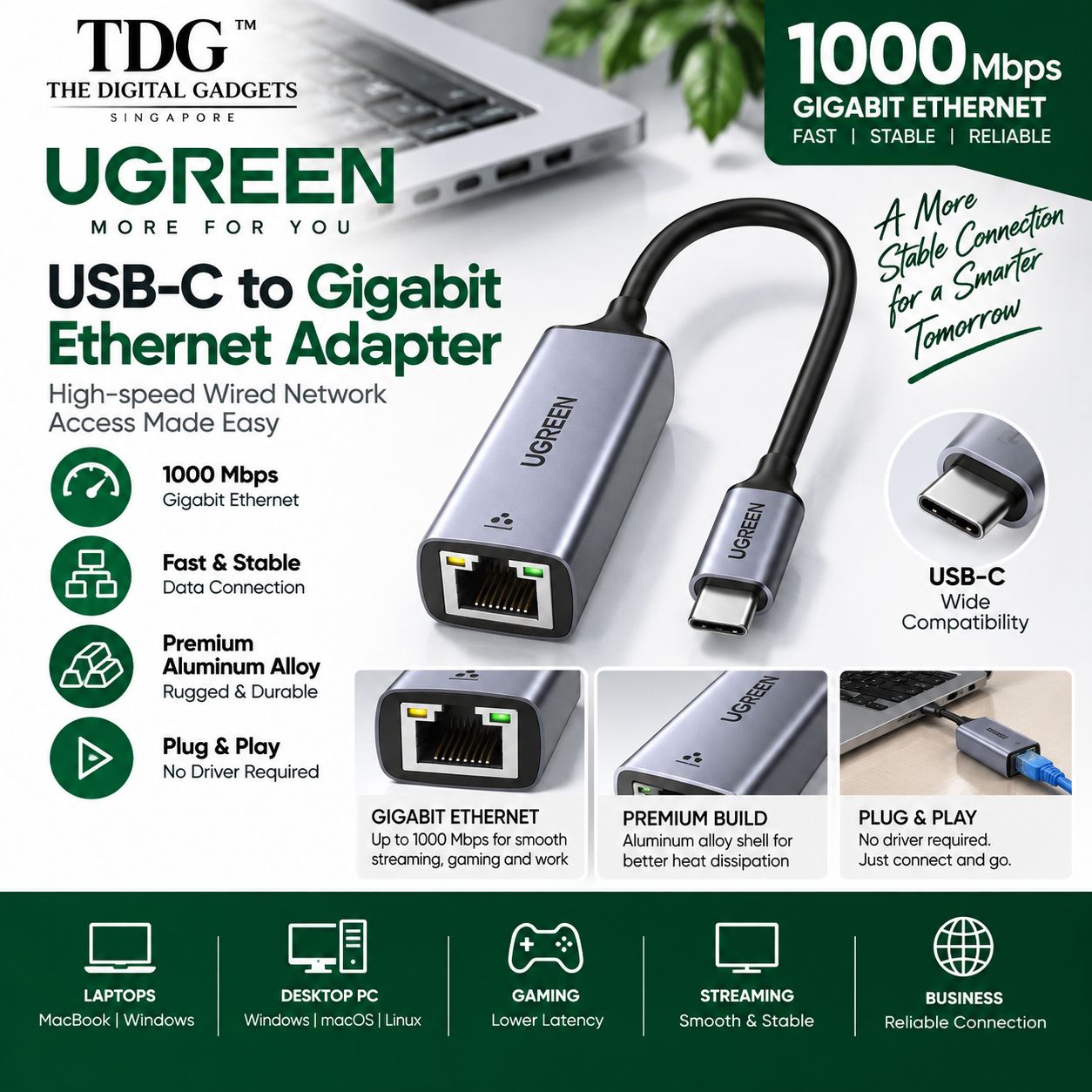 UGREEN CM199 USB-C to Gigabit Ethernet Adapter - Space Gray
