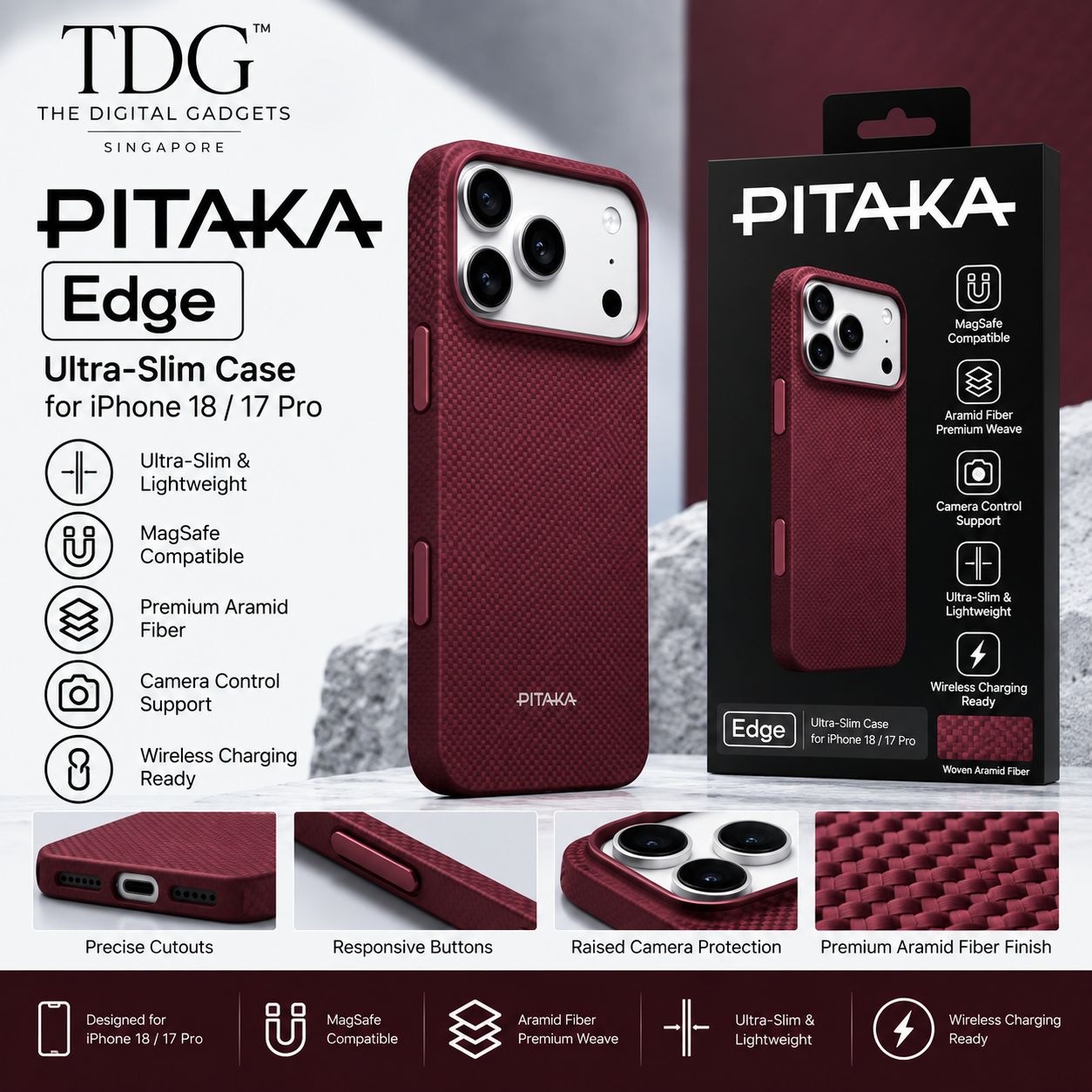 PITAKA Edge Ultra-Slim MagSafe Case for iPhone 18 / 17 Pro – Burgundy