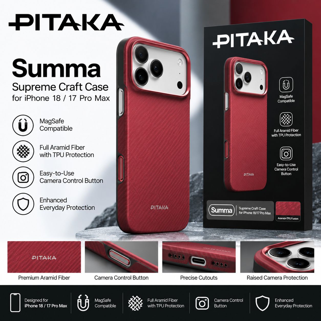 PITAKA Summa Supreme Craft MagSafe Case for iPhone 18 / 17 Pro Max – Red