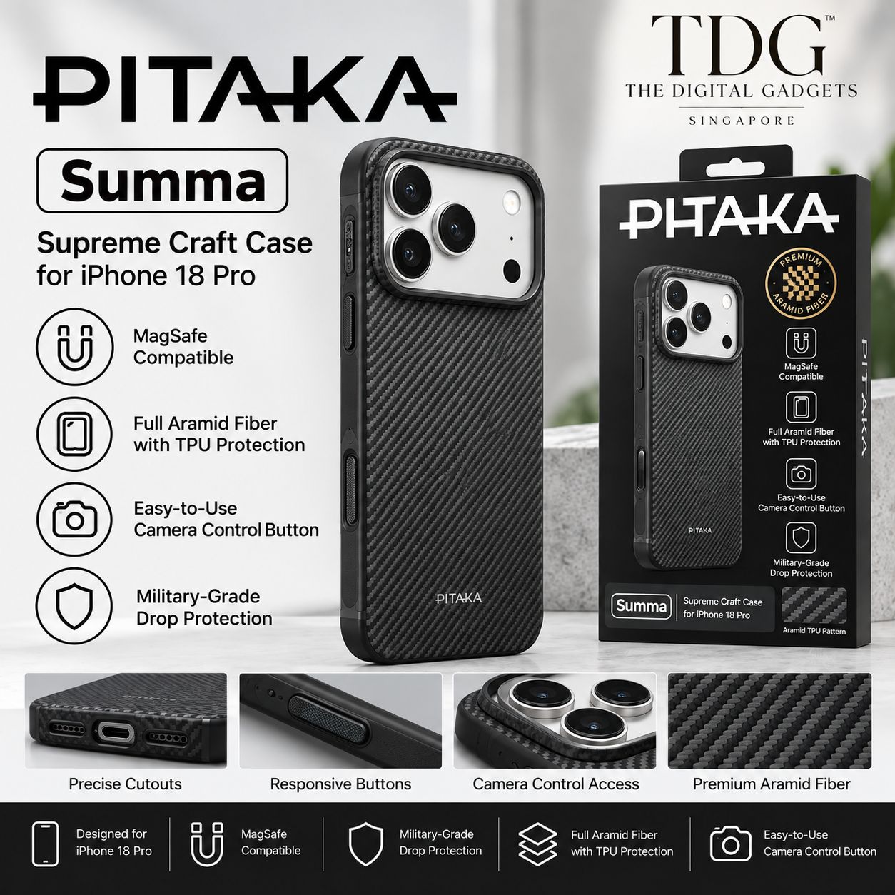 PITAKA Summa Aramid Fiber MagSafe Case for iPhone 18 Pro – Black/Grey