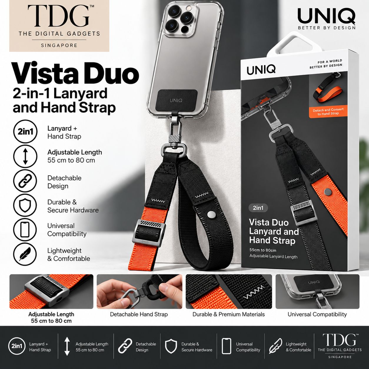 UNIQ Vista Duo 2-in-1 Lanyard &amp; Hand Strap – Black/Orange