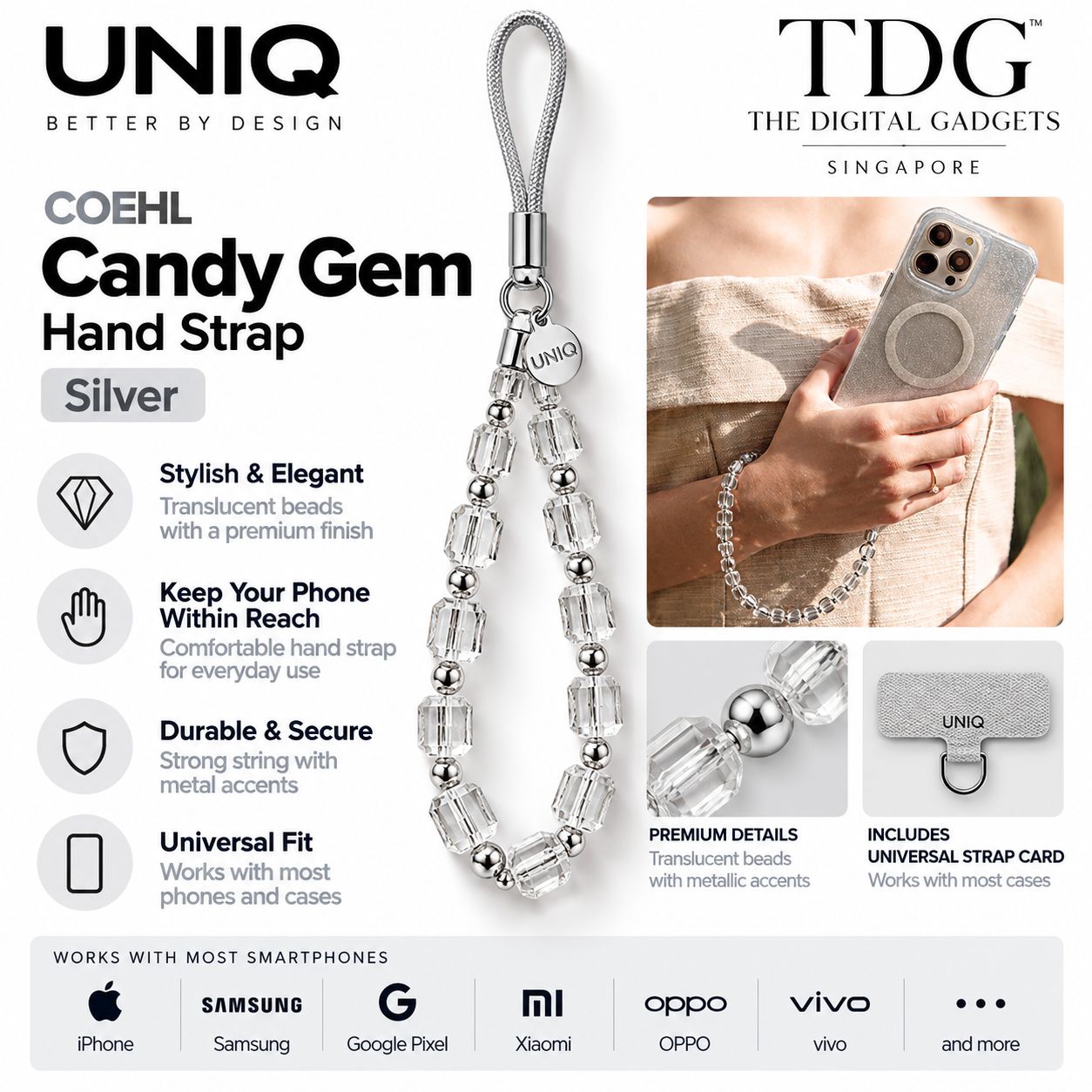 UNIQ COEHL Candy Gem Universal Phone Charm Hand Strap – Shiny Silver