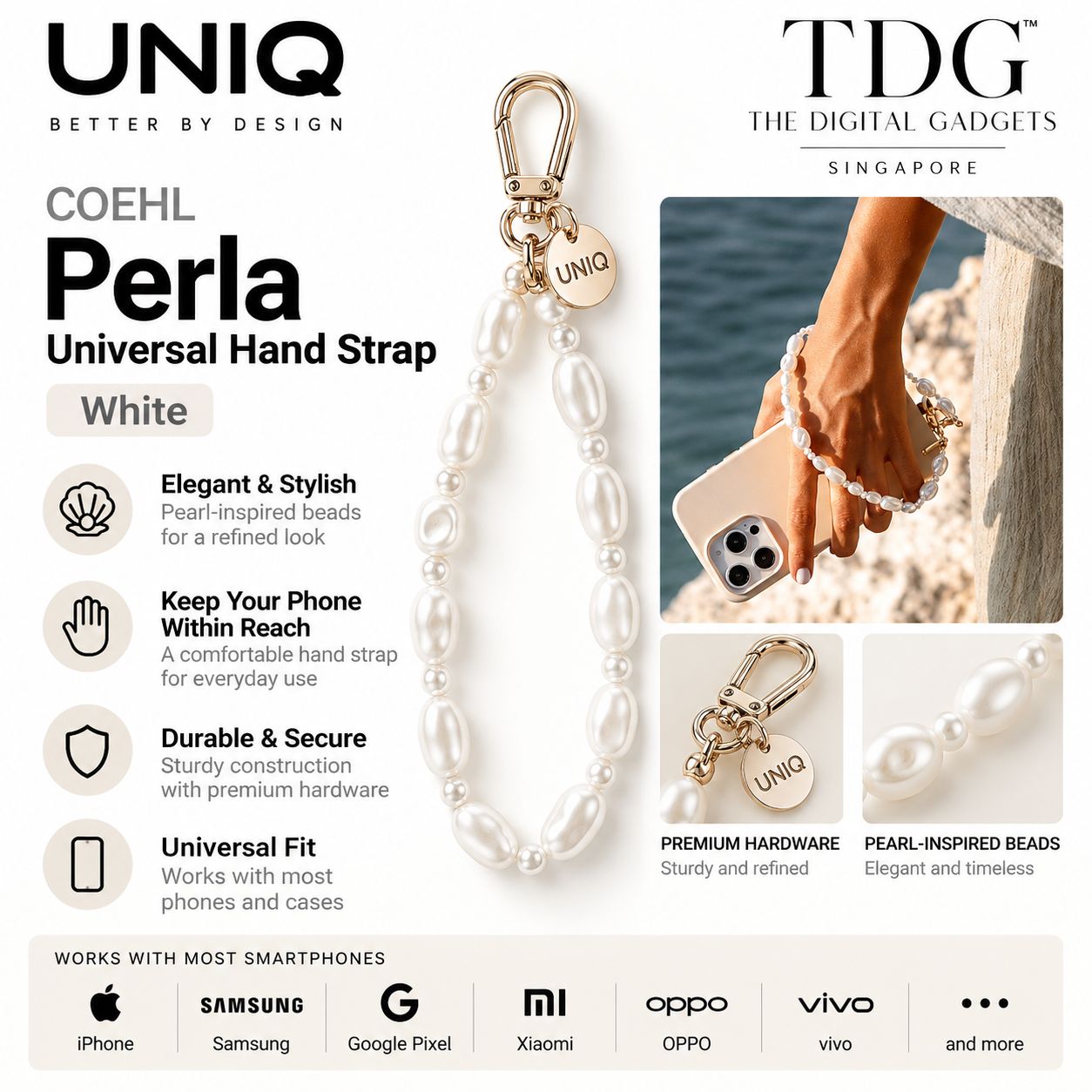 UNIQ COEHL Perla Universal Hand Strap – Pearl White