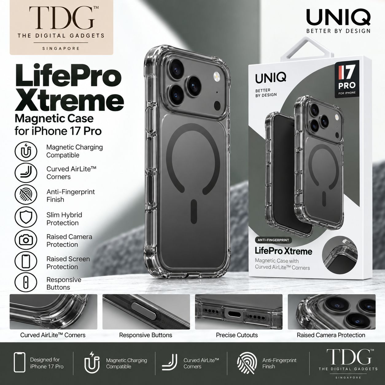 UNIQ LifePro Xtreme Magnetic Case for iPhone 17 Pro – Smoke/Clear