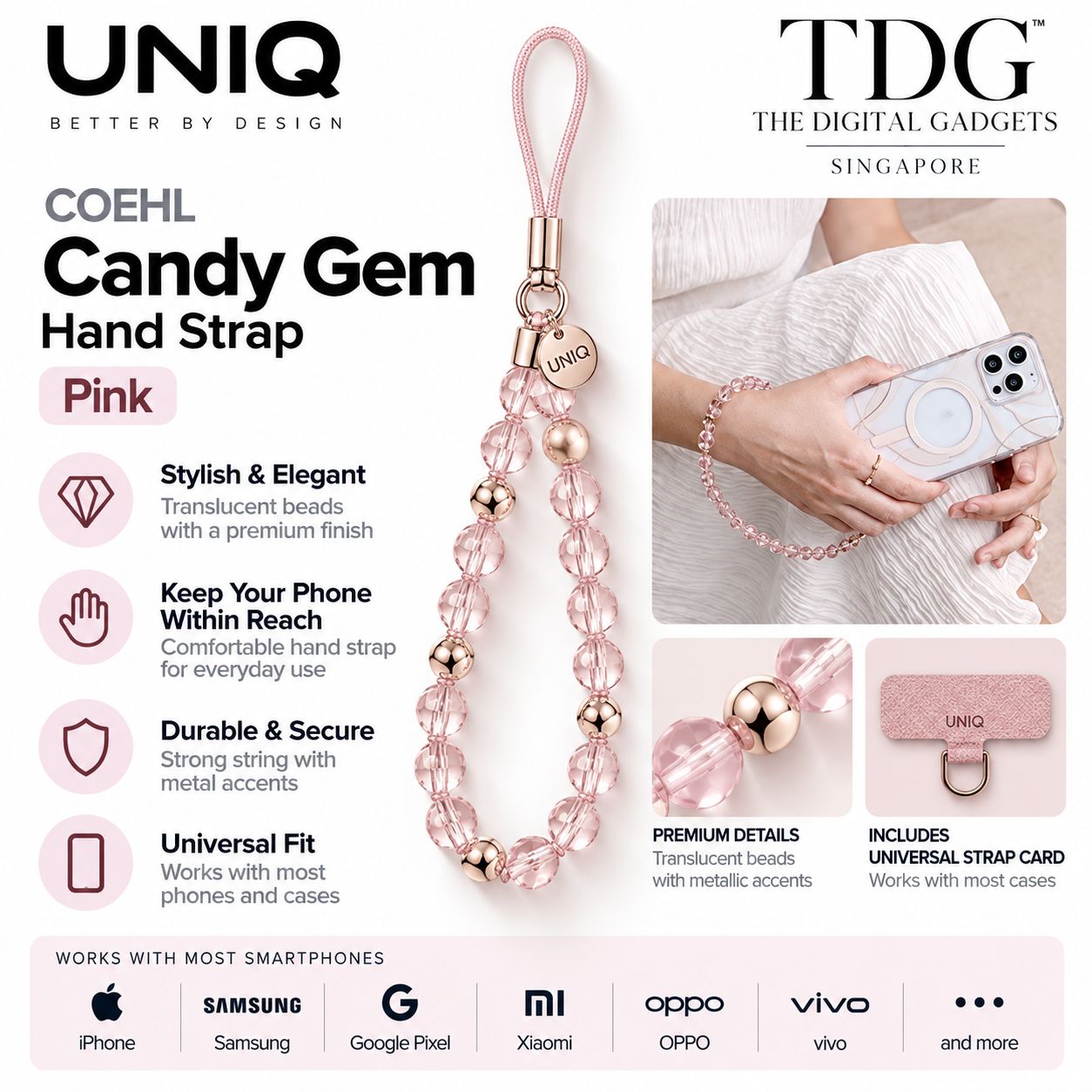 UNIQ COEHL Candy Gem Universal Phone Charm Hand Strap – Pink
