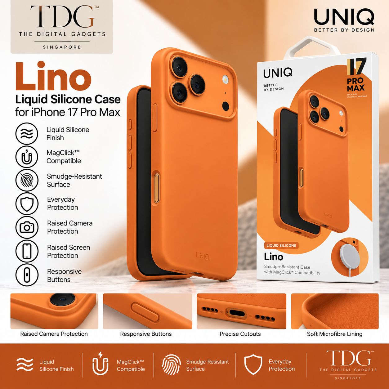 UNIQ Lino MagClick Liquid Silicone Case for iPhone 17 Pro Max – Orange