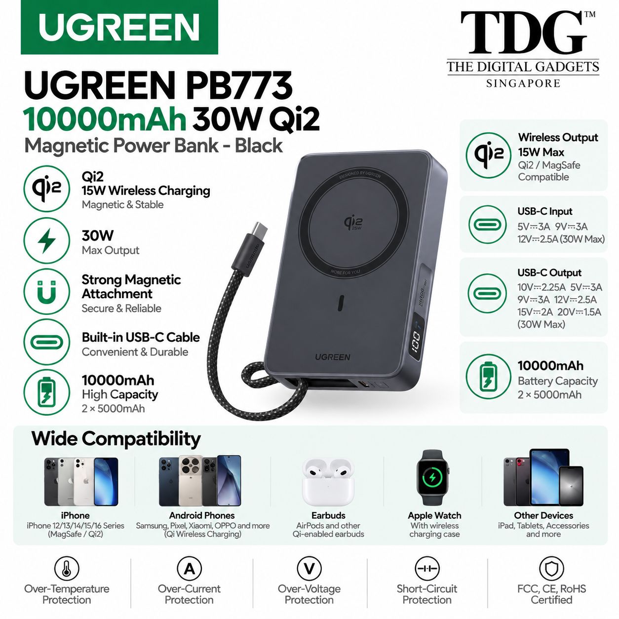 UGREEN PB773 10000mAh 30W Qi2 Magnetic Power Bank - Black