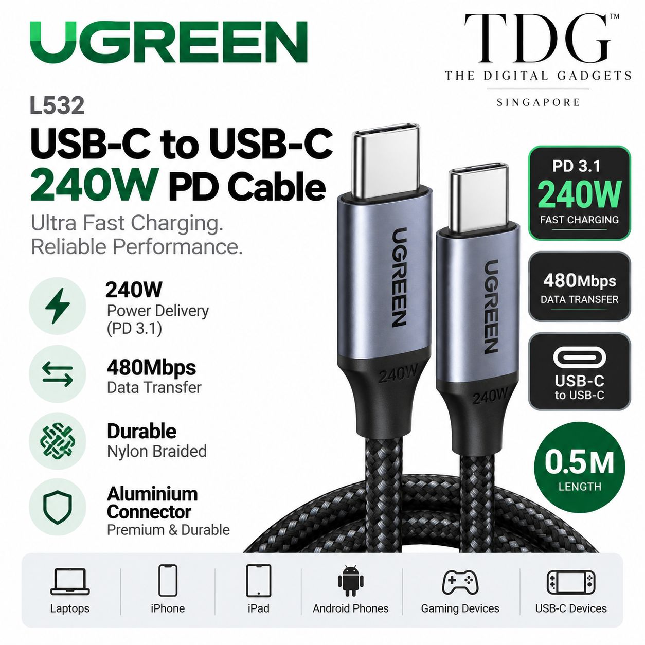UGREEN L532 USB-C to USB-C 240W Cable 0.5m - Black