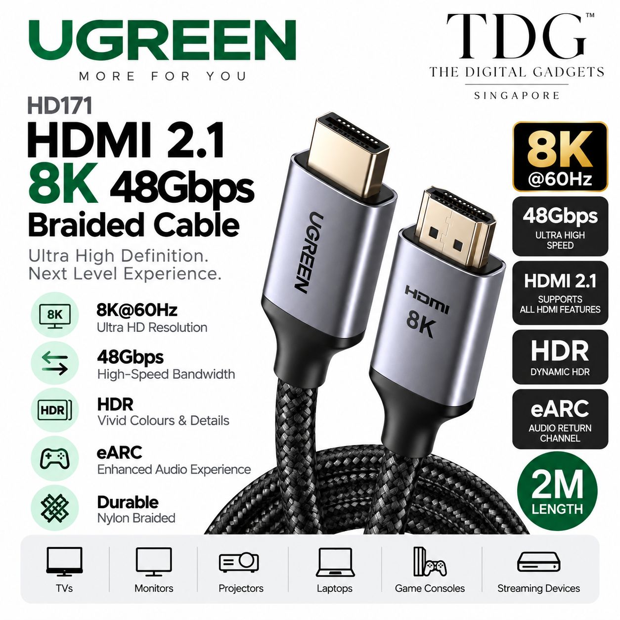 UGREEN HD171 HDMI 2.1 8K 48Gbps Braided Cable 2m