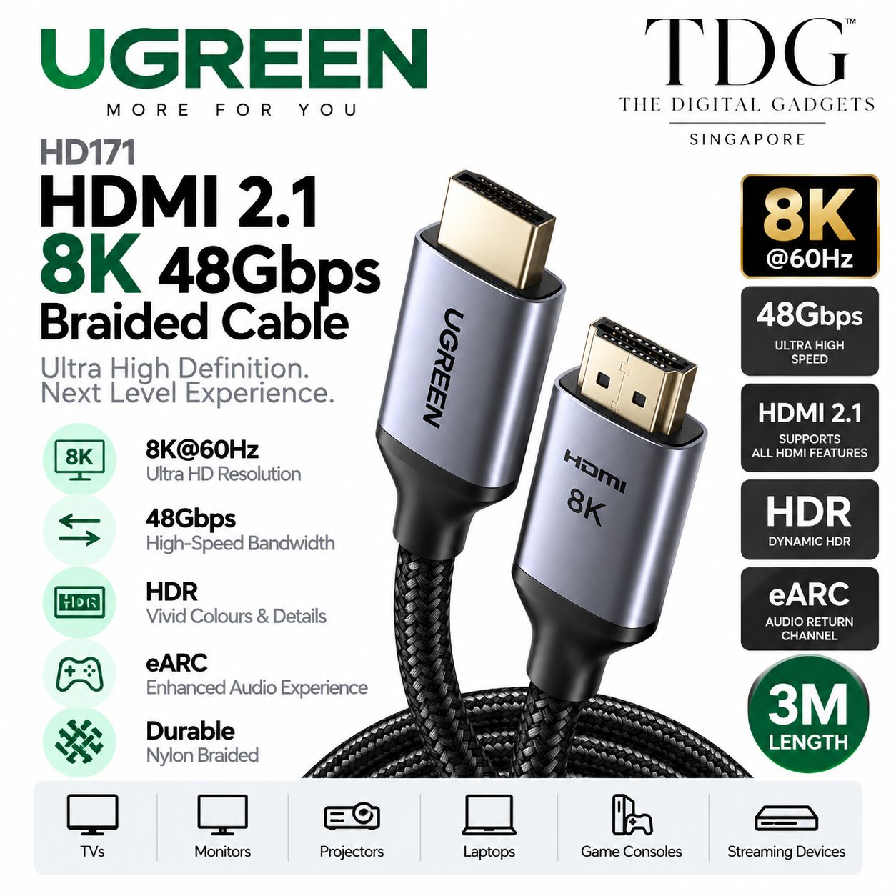 UGREEN HD171 HDMI 2.1 8K 48Gbps Braided Cable 3m