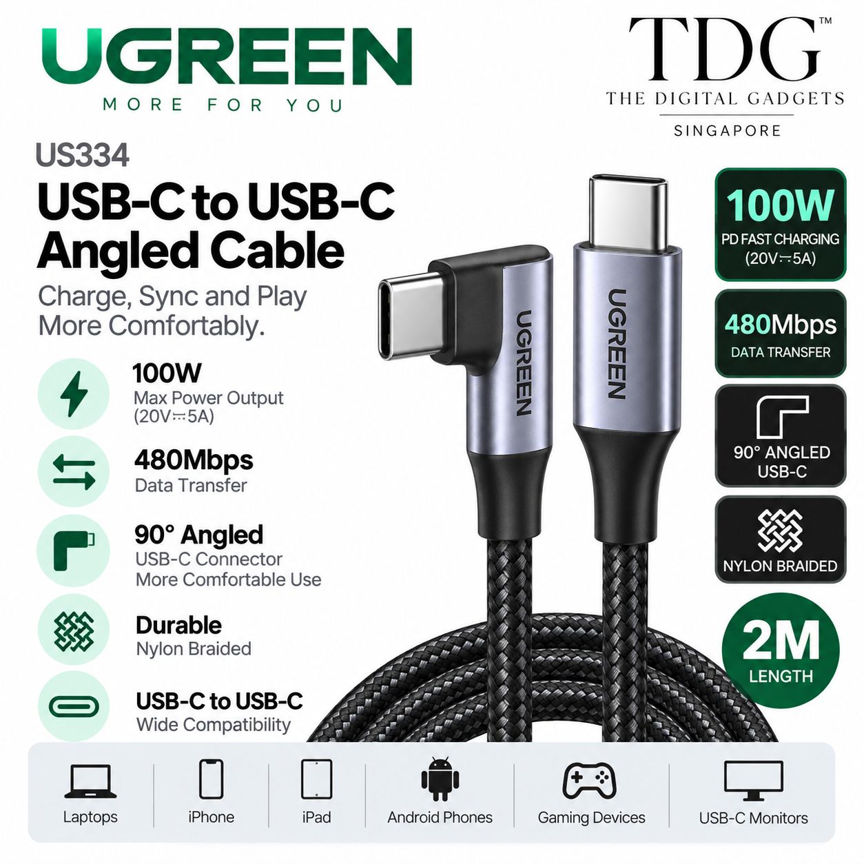 UGREEN US334 Angled USB-C to USB-C 100W Cable 2m