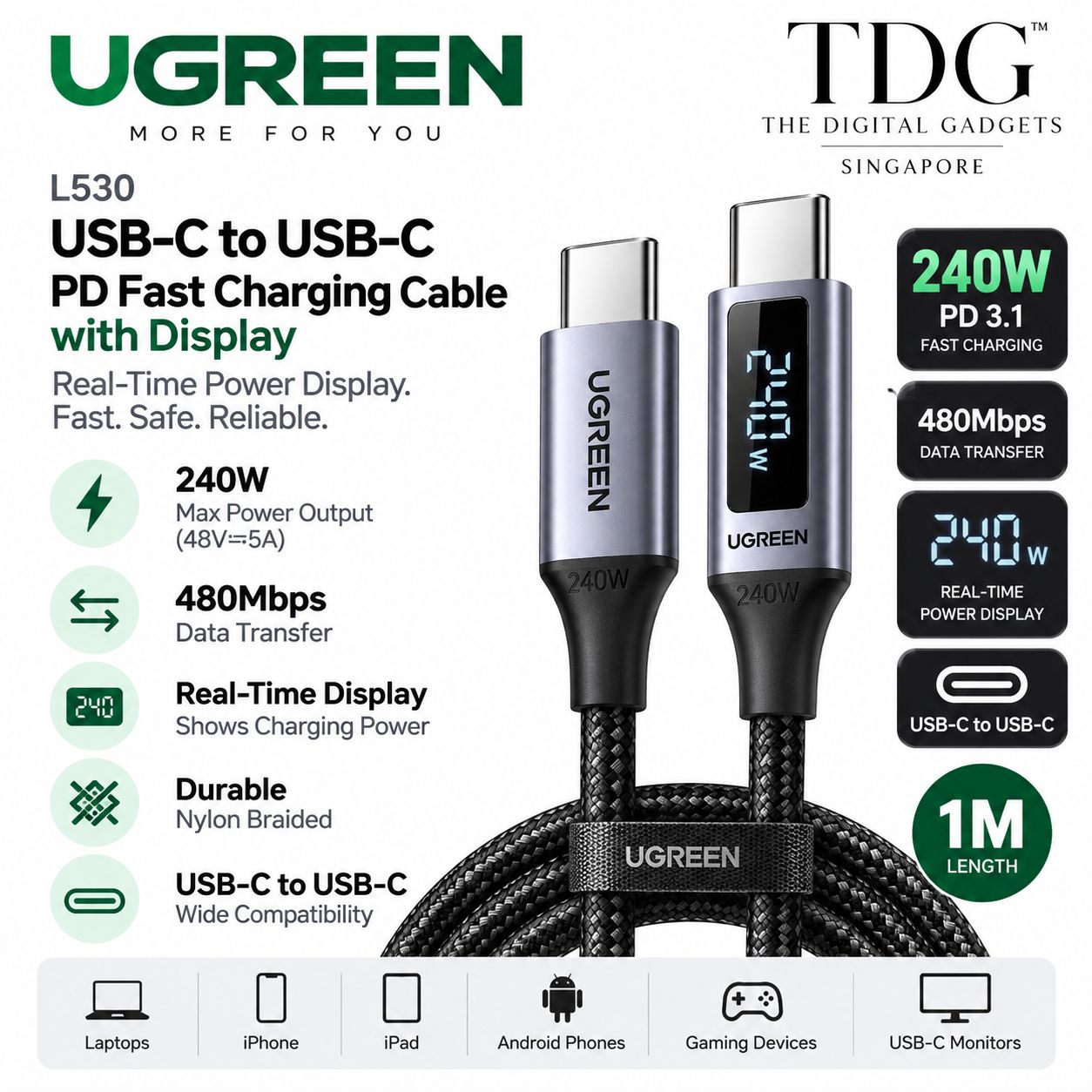 UGREEN L530 USB-C to USB-C 240W Cable with Display 1m