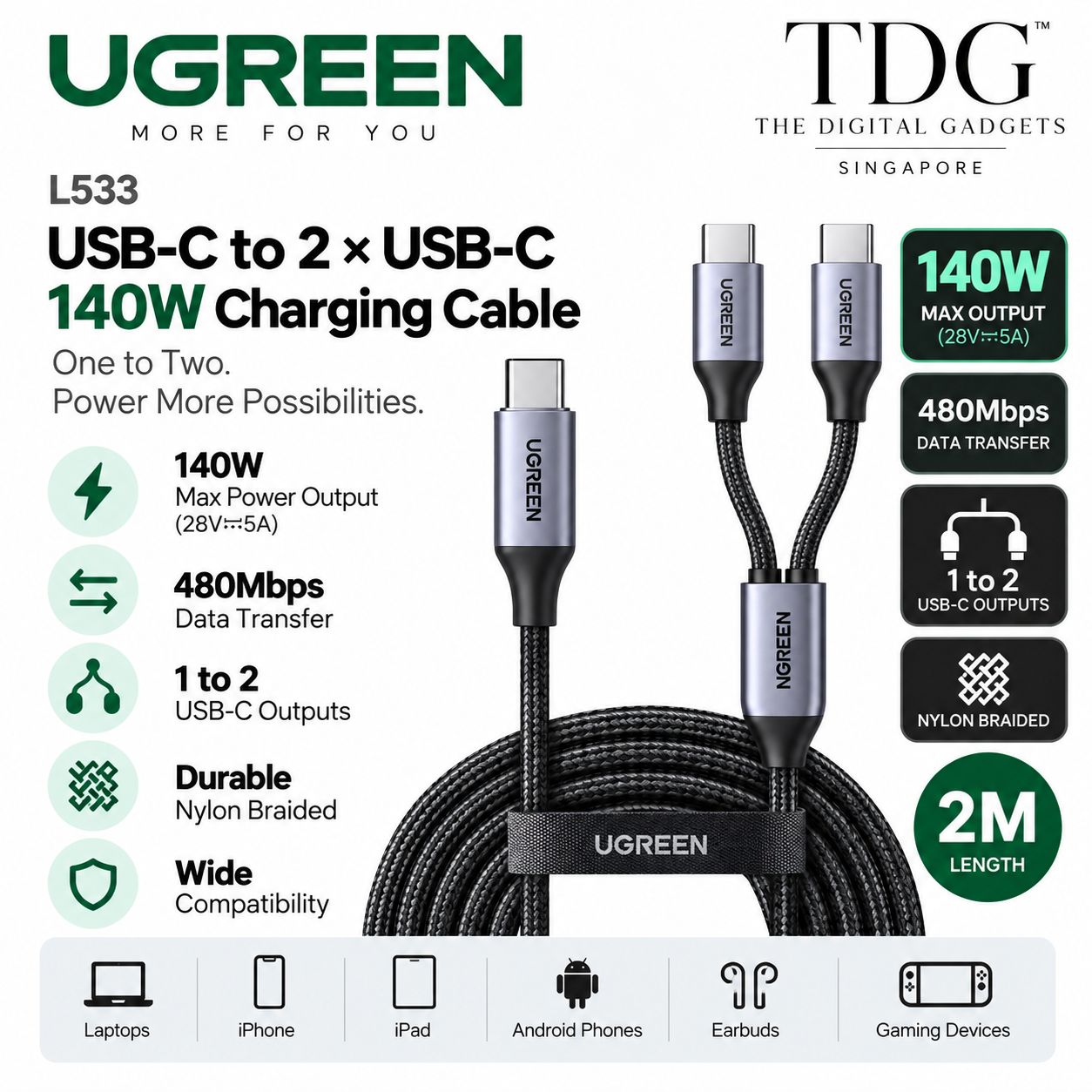 UGREEN L533 USB-C 140W 1-to-2 Charging Cable 2m