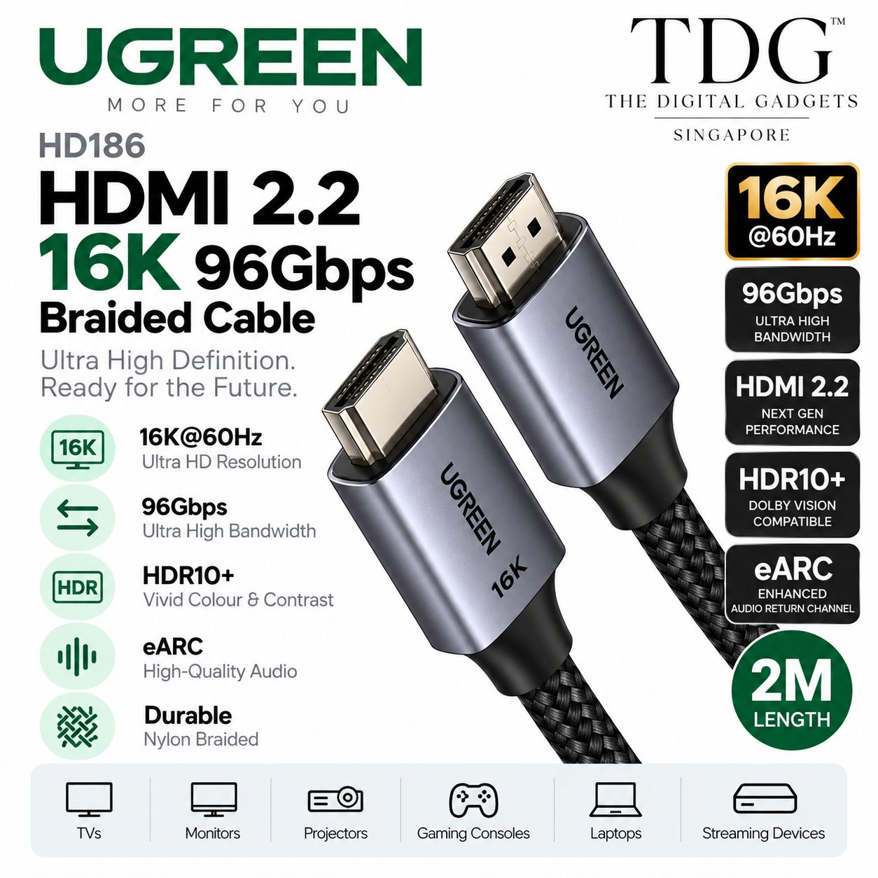 UGREEN HD186 HDMI 2.2 16K 96Gbps Braided Cable 2m