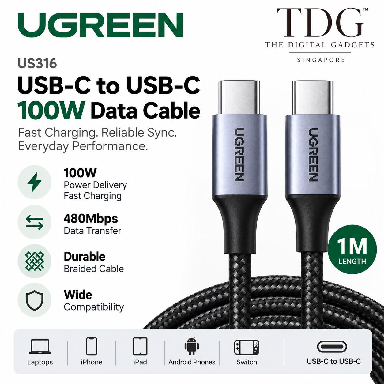 UGREEN US316 USB-C to USB-C 100W Cable 1m - Black