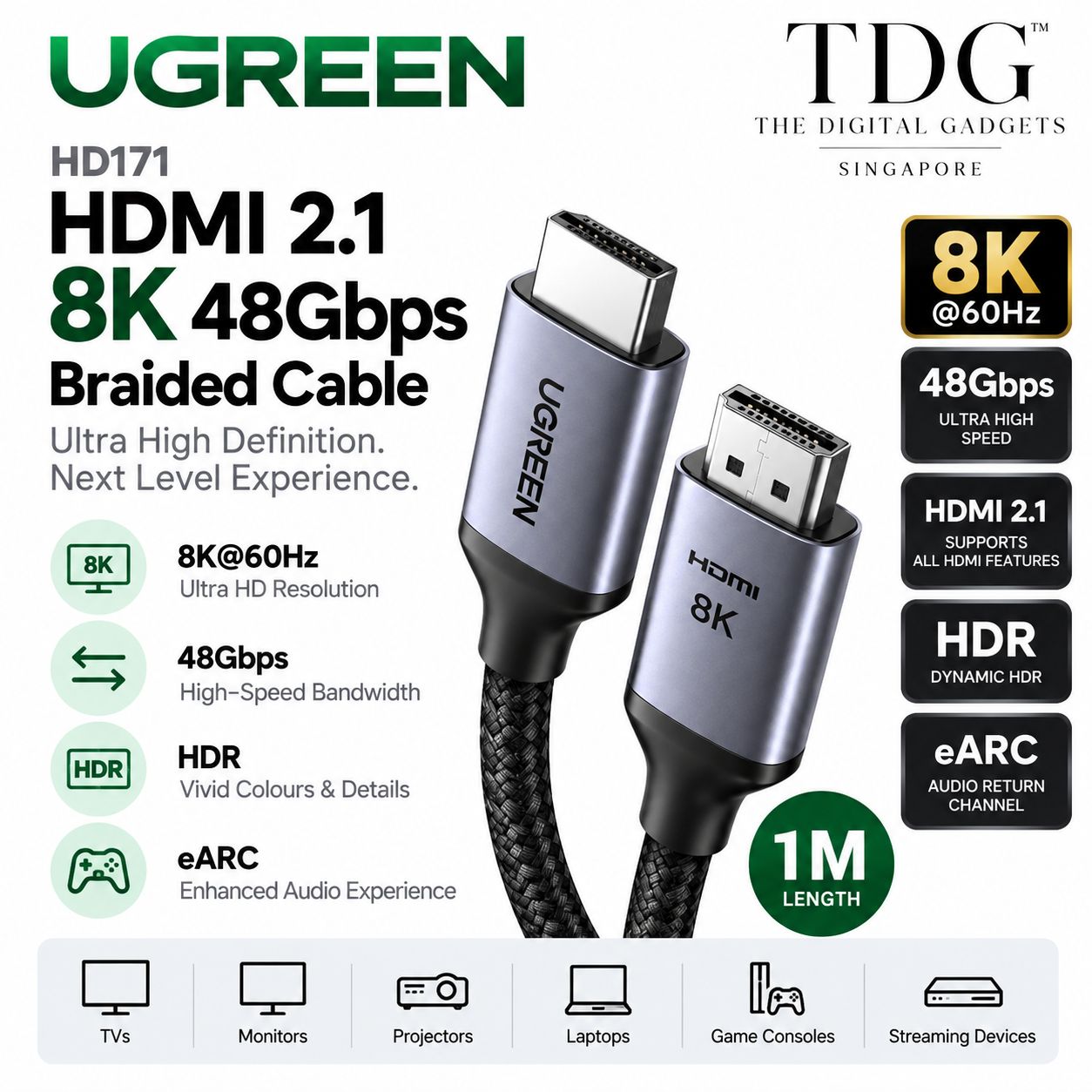 UGREEN HD171 HDMI 2.1 8K 48Gbps Braided Cable 1m