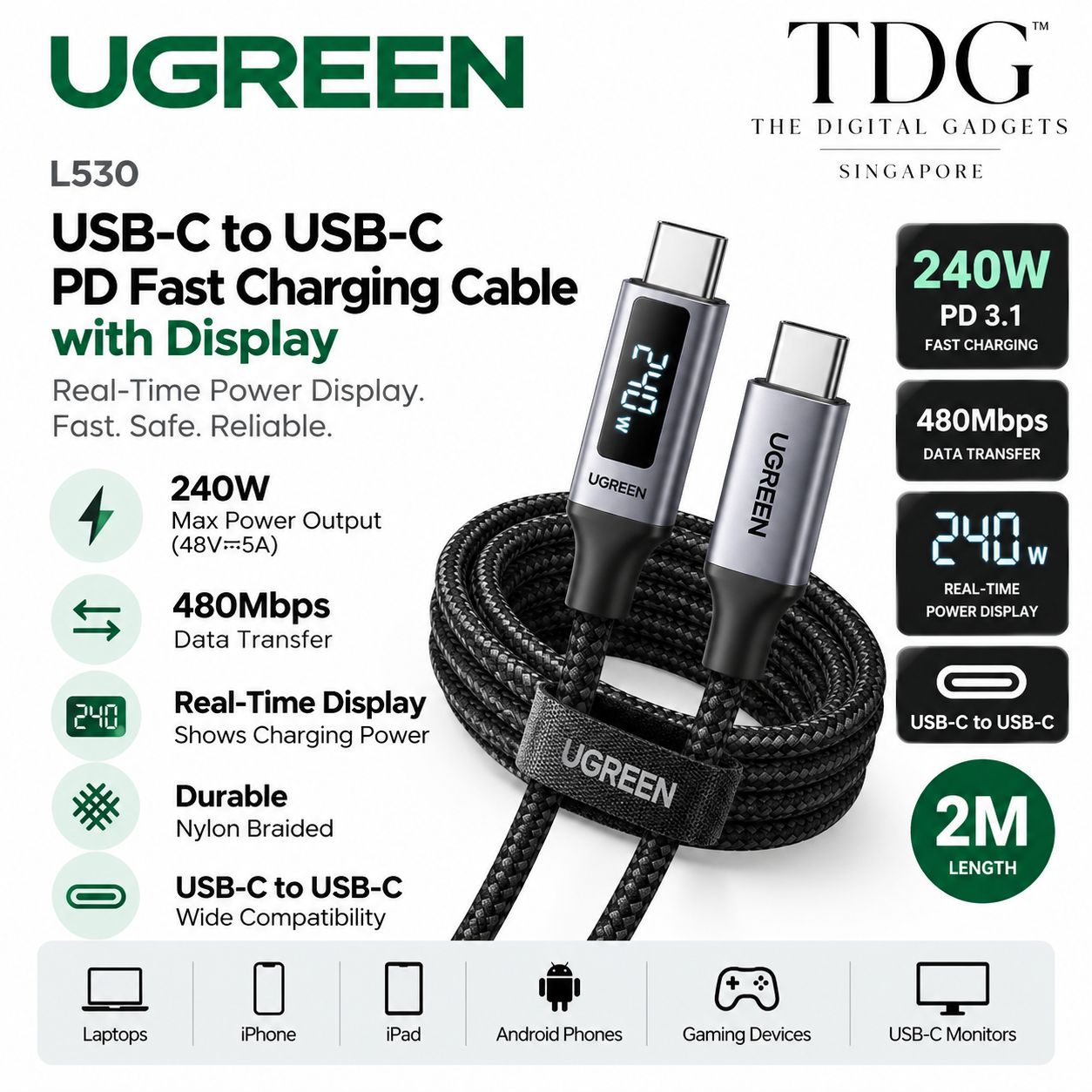 UGREEN L530 USB-C to USB-C 240W Cable with Display 2m