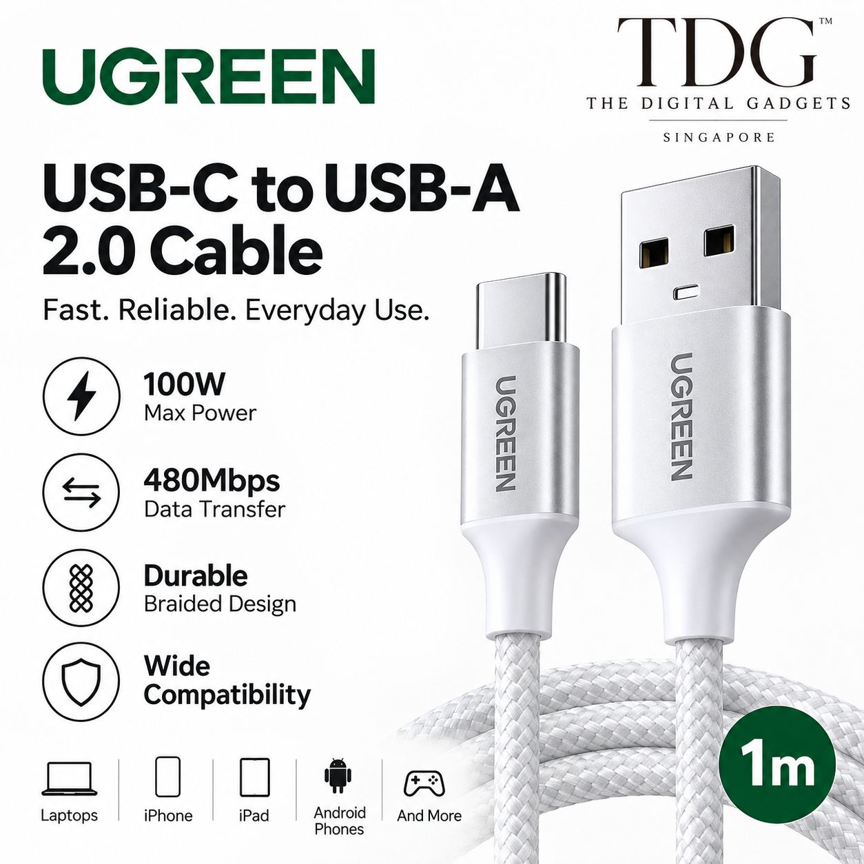 UGREEN US288 USB-C to USB-A 2.0 Cable 1m - White