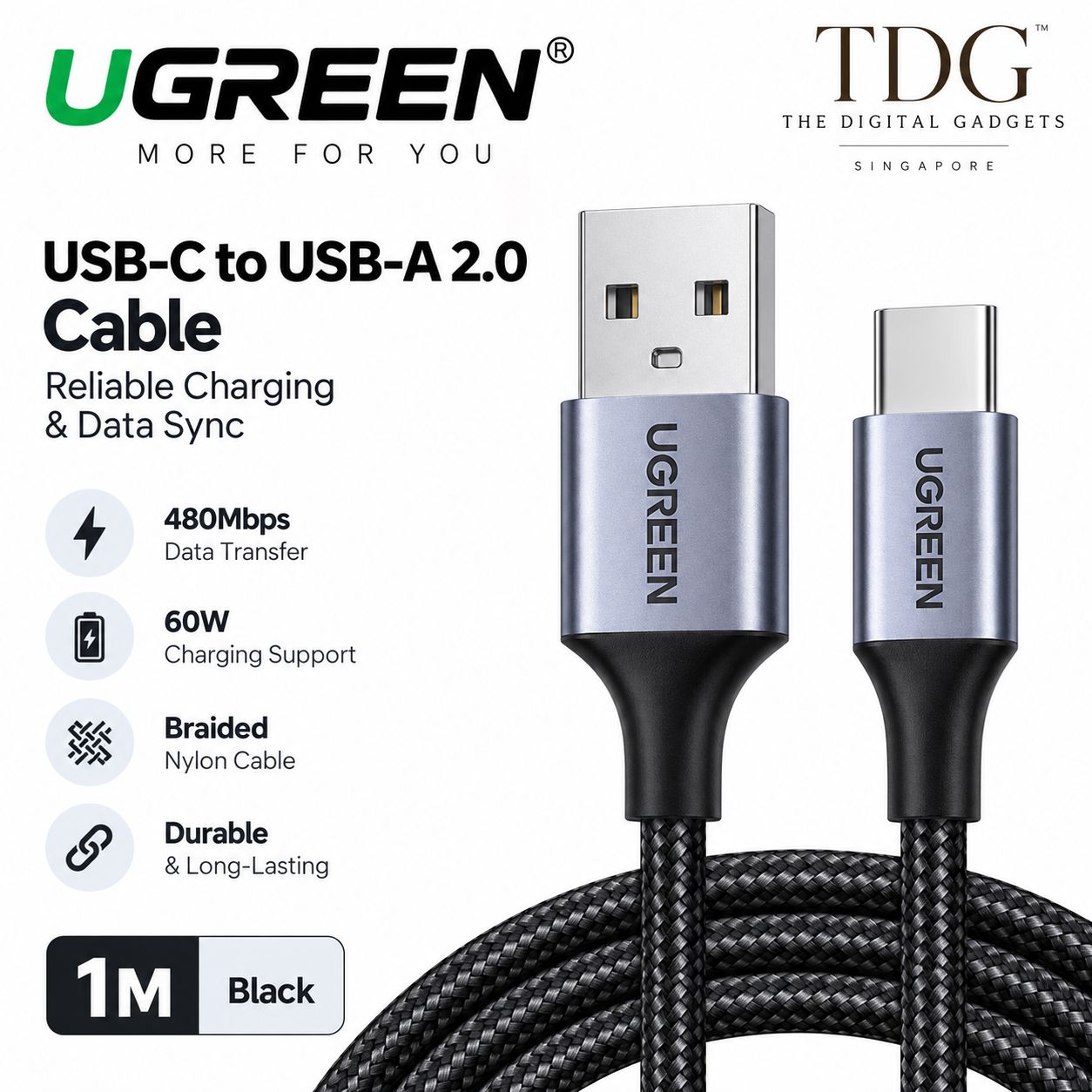 UGREEN US288 USB-C to USB-A 2.0 Cable 1m - Black