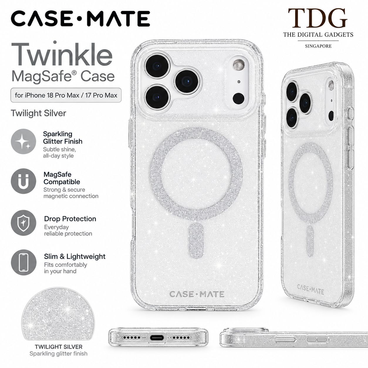 Case-Mate iPhone 18 Pro Max/17 Pro Max Twinkle MagSafe Case, Twilight Silver