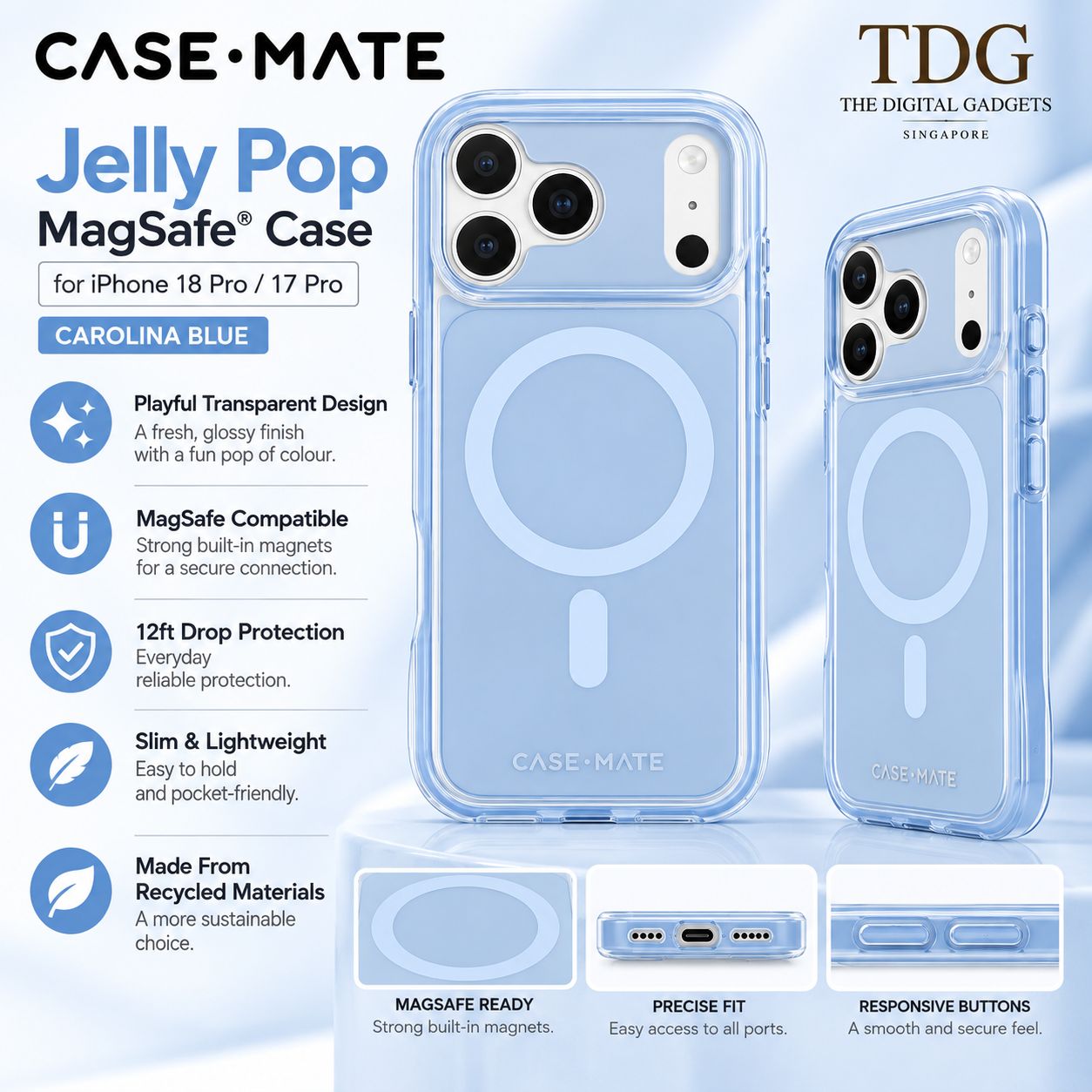 Case-Mate iPhone 18 Pro Max/17 Pro Max Jelly Pop MagSafe Case, Carolina Blue