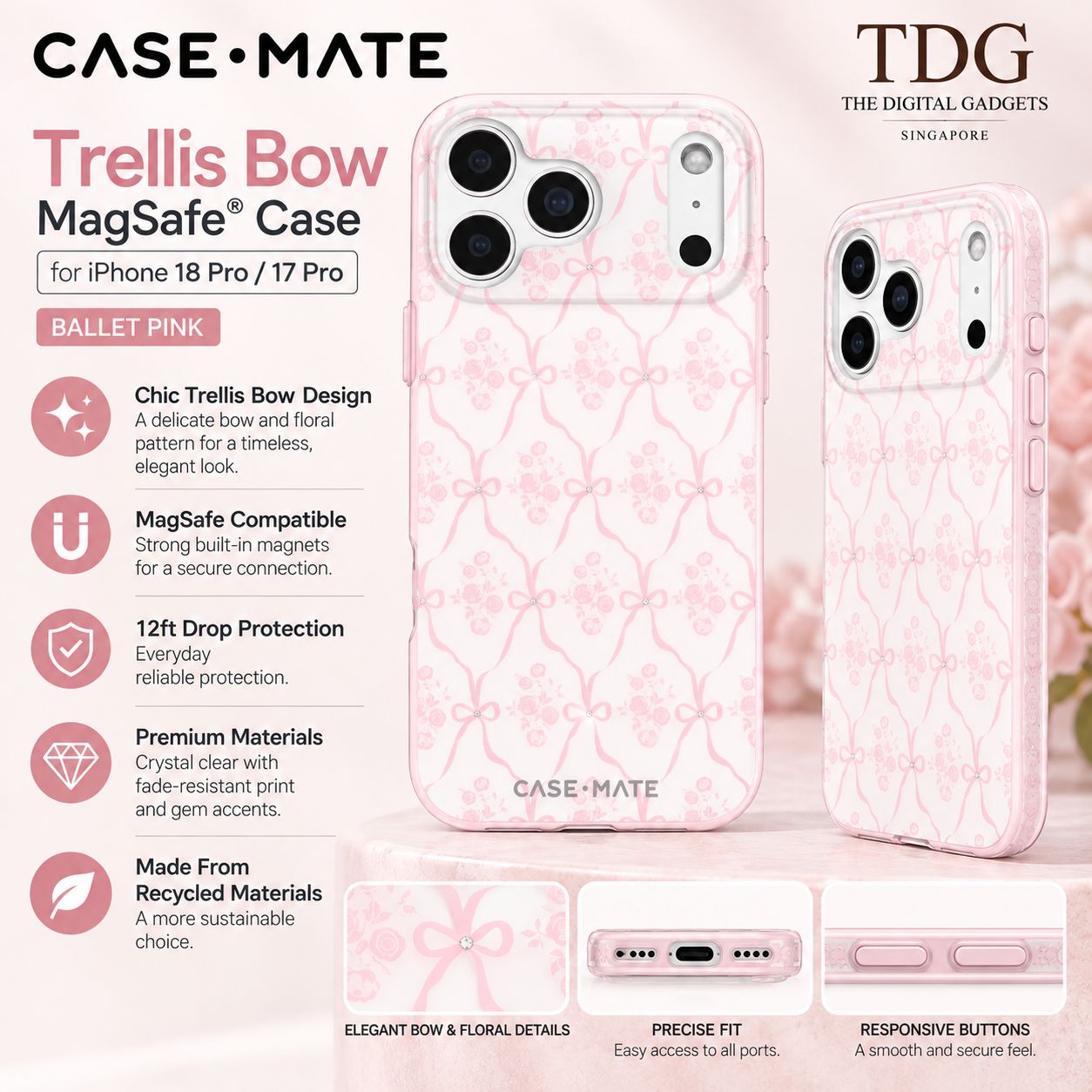 Case-Mate iPhone 18 Pro Max/17 Pro Max Trellis Bow MagSafe Case, Ballet Pink