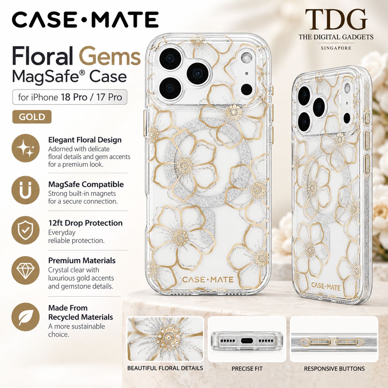 Case-Mate iPhone 18 Pro/17 Pro Floral Gems MagSafe Case, Gold