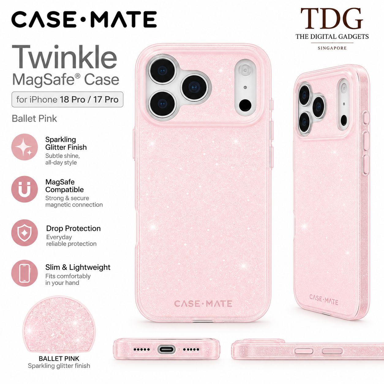 Case-Mate iPhone 18 Pro Max/17 Pro Max Twinkle MagSafe Case, Ballet Pink