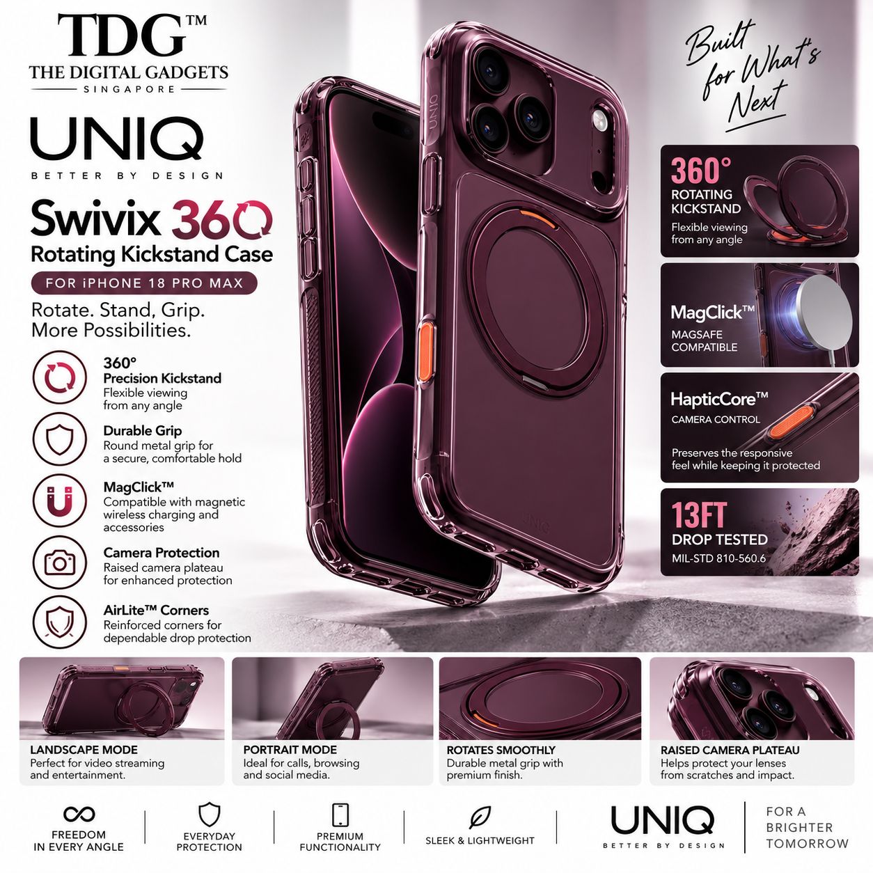 UNIQ iPhone 18 Pro Max Swivix 360 Rotating Kickstand Case, Deep Burgundy -New!