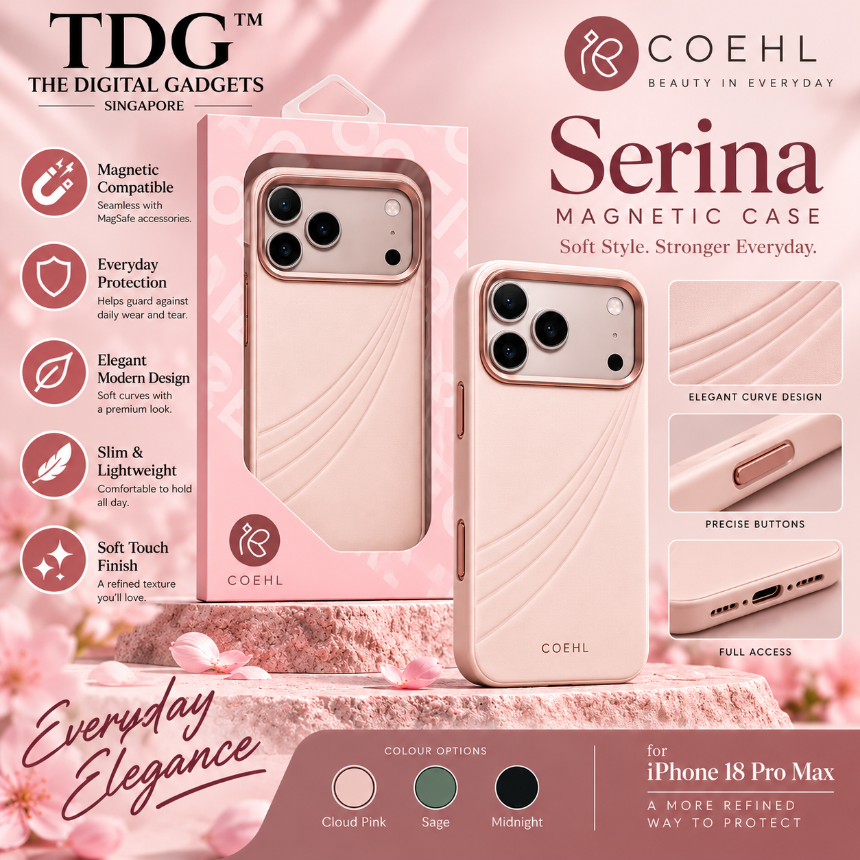 Coehl iPhone 18 Pro Max Serina Magnetic Case, Cloud Pink