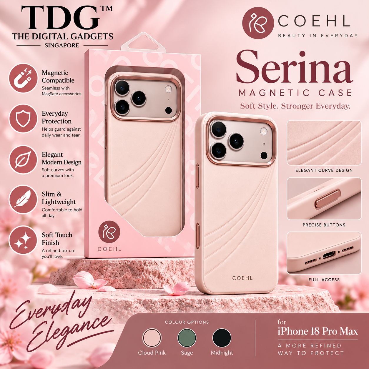 Coehl iPhone 18 Pro Max Serina Magnetic Case, Cloud Pink -New!