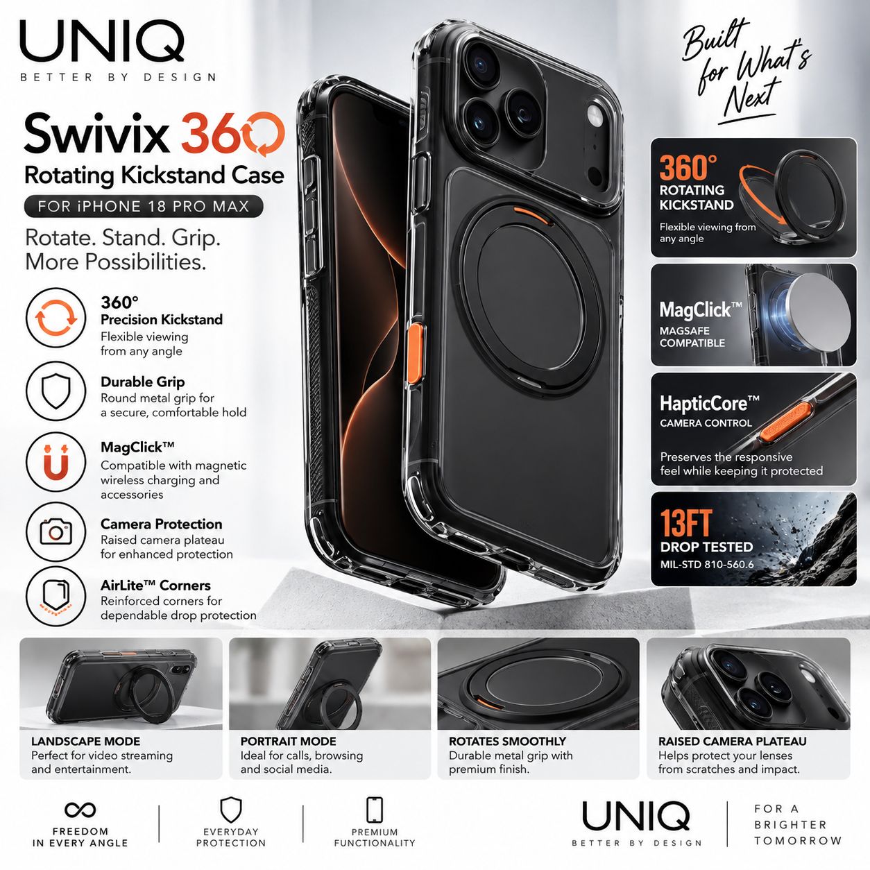 UNIQ iPhone 18 Pro Max Swivix 360 Rotating Kickstand Case, Carbon Black -New!
